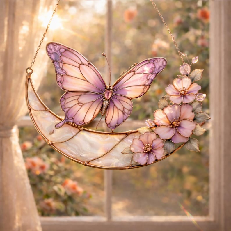 Moonlight Butterfly Stained Glass Hanging Ornament