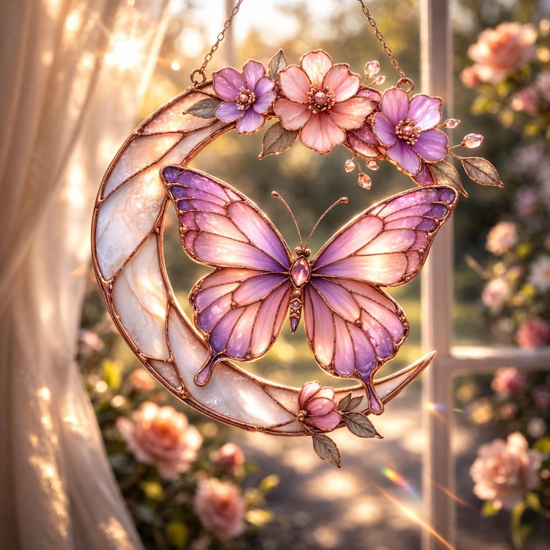 Moonlight Butterfly Stained Glass Hanging Ornament