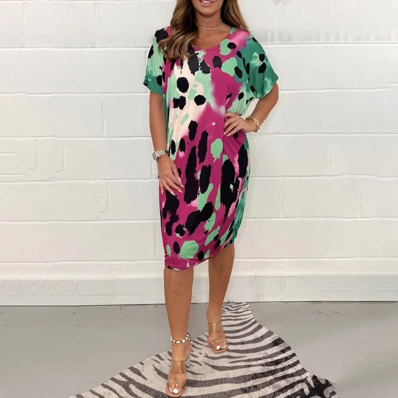 Round Neck Loose Casual Leopard Print Dress