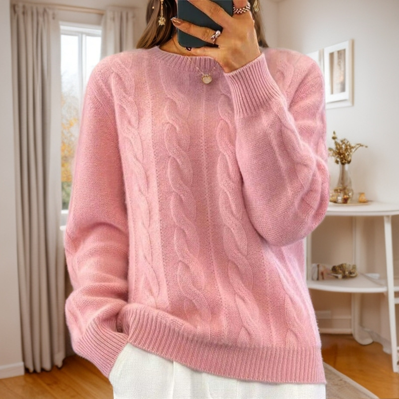 Women's Classic Round Neck Fried Dough Twists Knitting Sweater