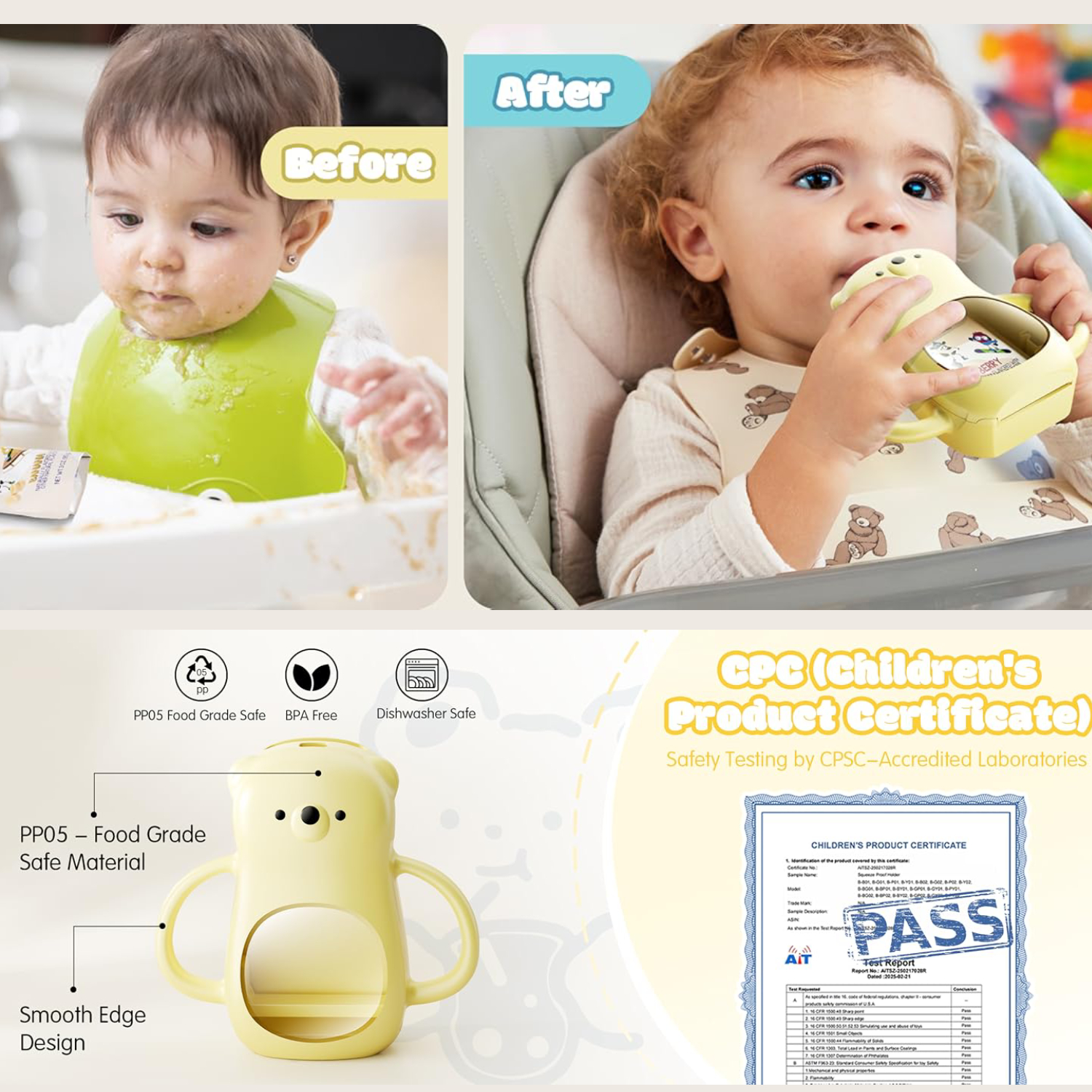 Pouch Holder No Squeeze for Baby, for Food Pouches & Drink Boxes, BPA Free Adjusting Fits, Versatile Design for Self-Feeding, No Spill, Handle Easy to Grip, 2Pack 