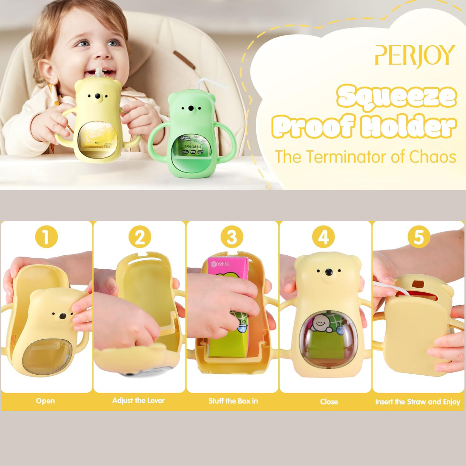 Pouch Holder No Squeeze for Baby, for Food Pouches & Drink Boxes, BPA Free Adjusting Fits, Versatile Design for Self-Feeding, No Spill, Handle Easy to Grip, 2Pack 