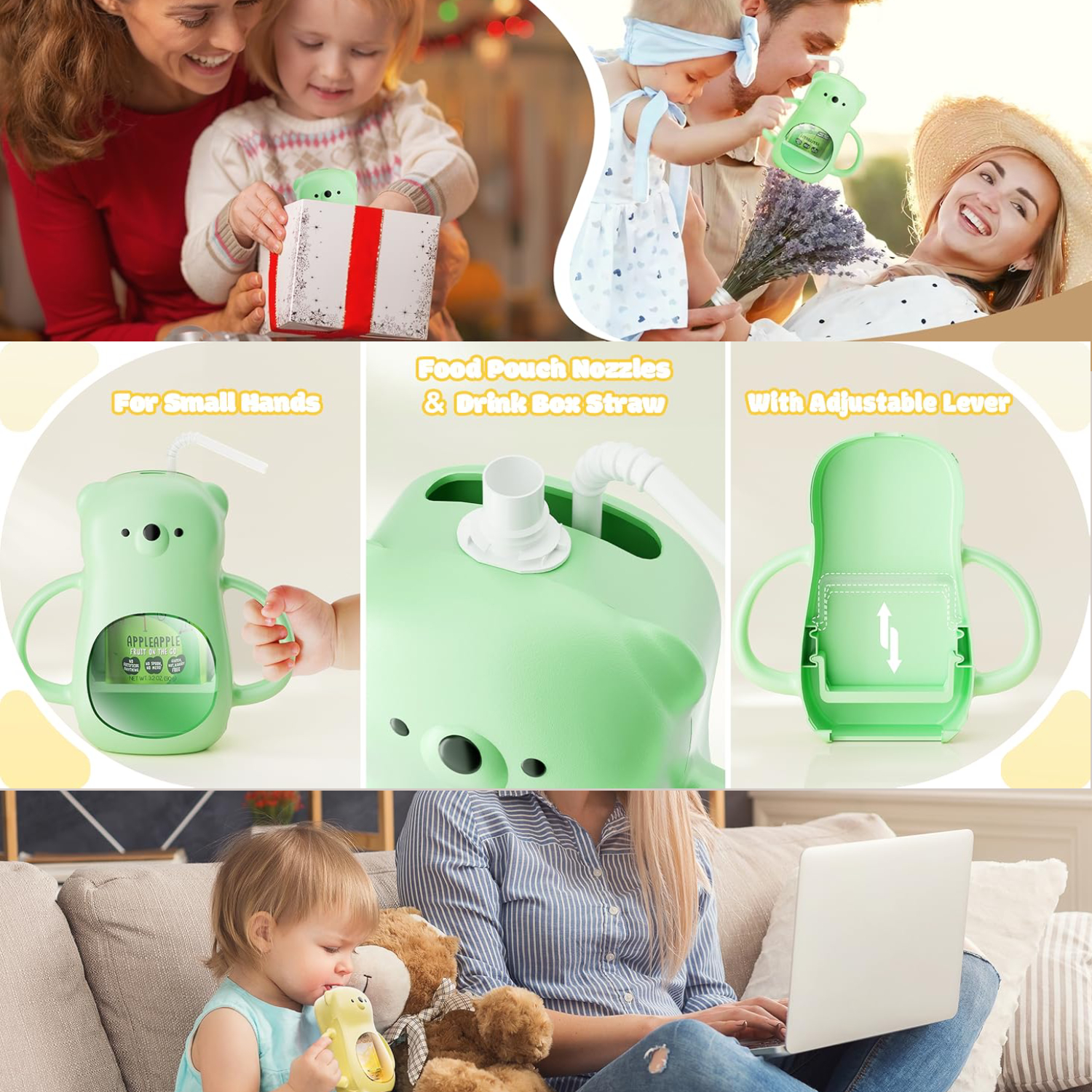 Pouch Holder No Squeeze for Baby, for Food Pouches & Drink Boxes, BPA Free Adjusting Fits, Versatile Design for Self-Feeding, No Spill, Handle Easy to Grip, 2Pack 