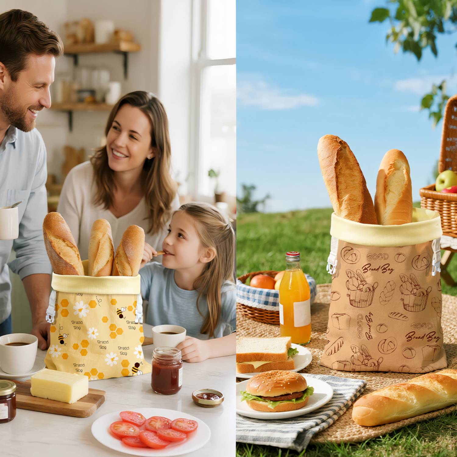 2 Pack Beeswax Bread Bags for Sourdough Homemade Bread, Reusable & Large Capacity Portable Bread Storage Bag for Gift Giving