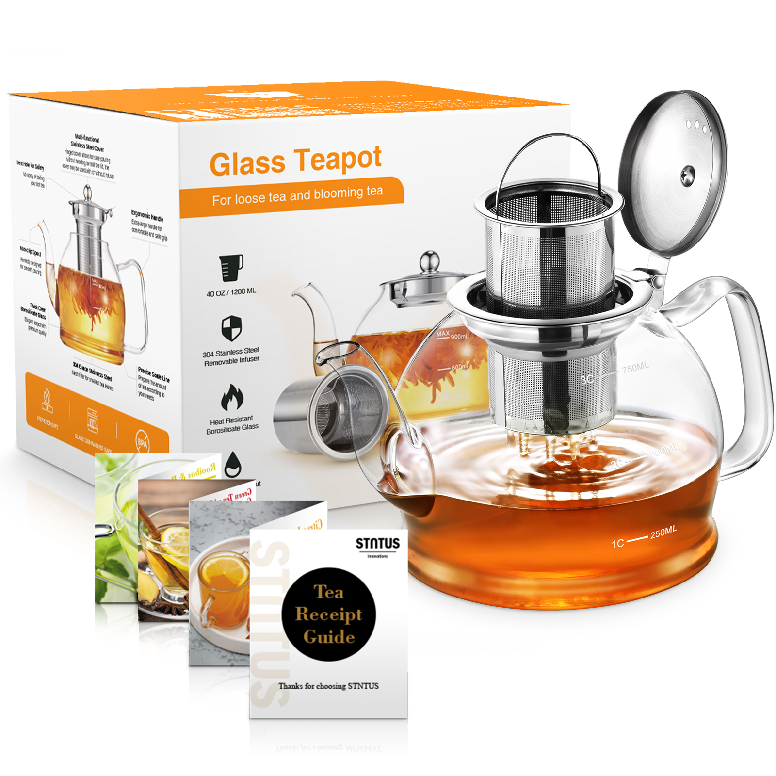 27oz/800ml Glass Teapot, with Removable Stainless Steel Filter, Blooming Loose Leaf Tea Kettle