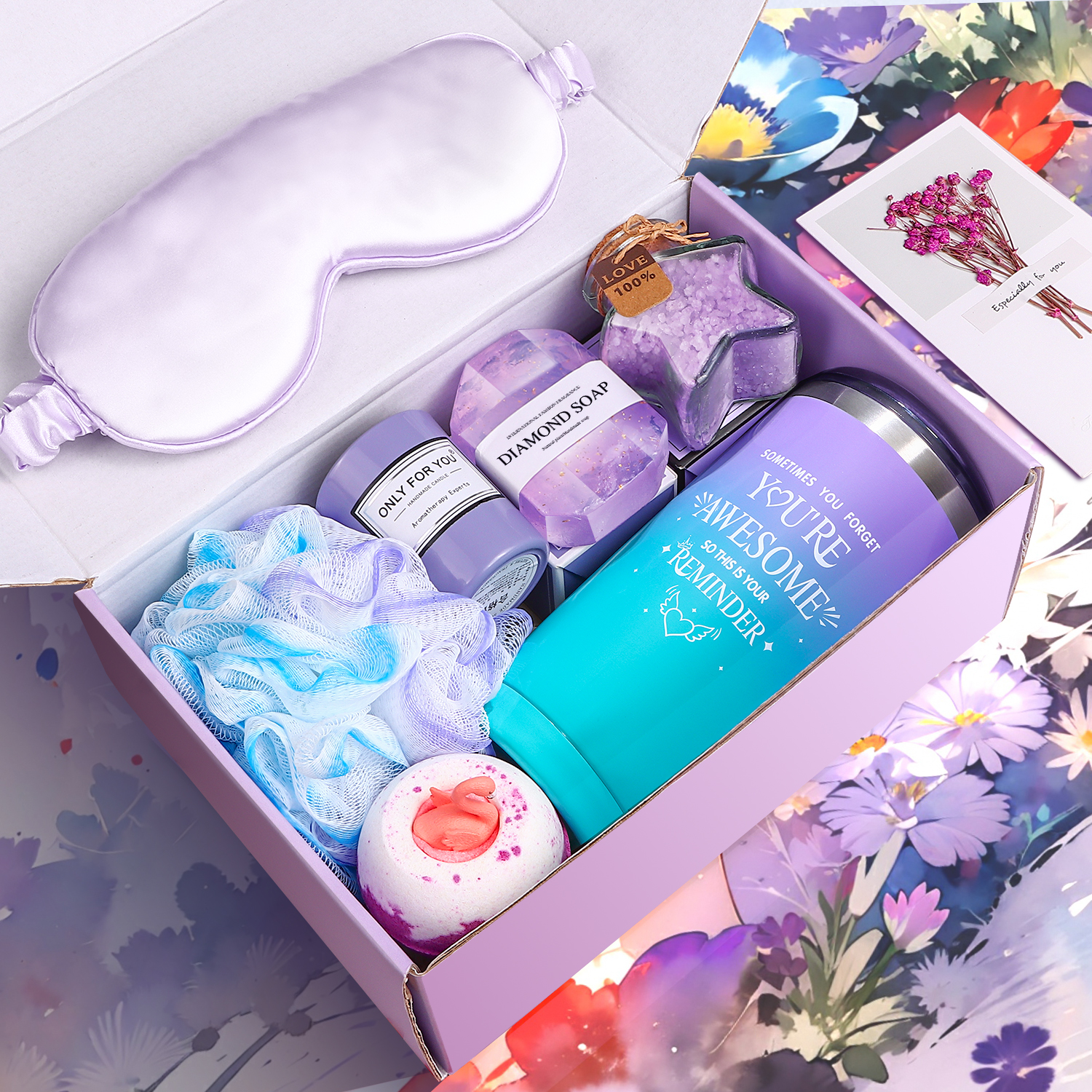 Gift Baskets for Women, 8 Pcs Lavender Spa Bath and Body Sets, Beauty Birthday Mother's Day Gifts for Her, Purple