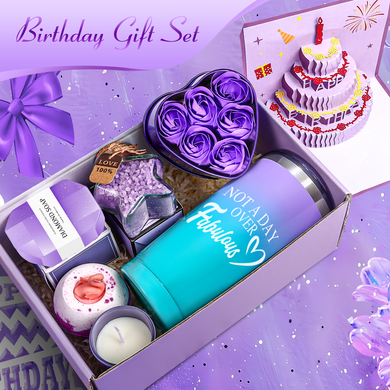 Aofmee Birthday Gift Baskets for Women, 7 Pcs Lavender Self Care Spa Gift Sets, Beauty Body Care Kits for Birthday Valentine's Day Gifts, Purple