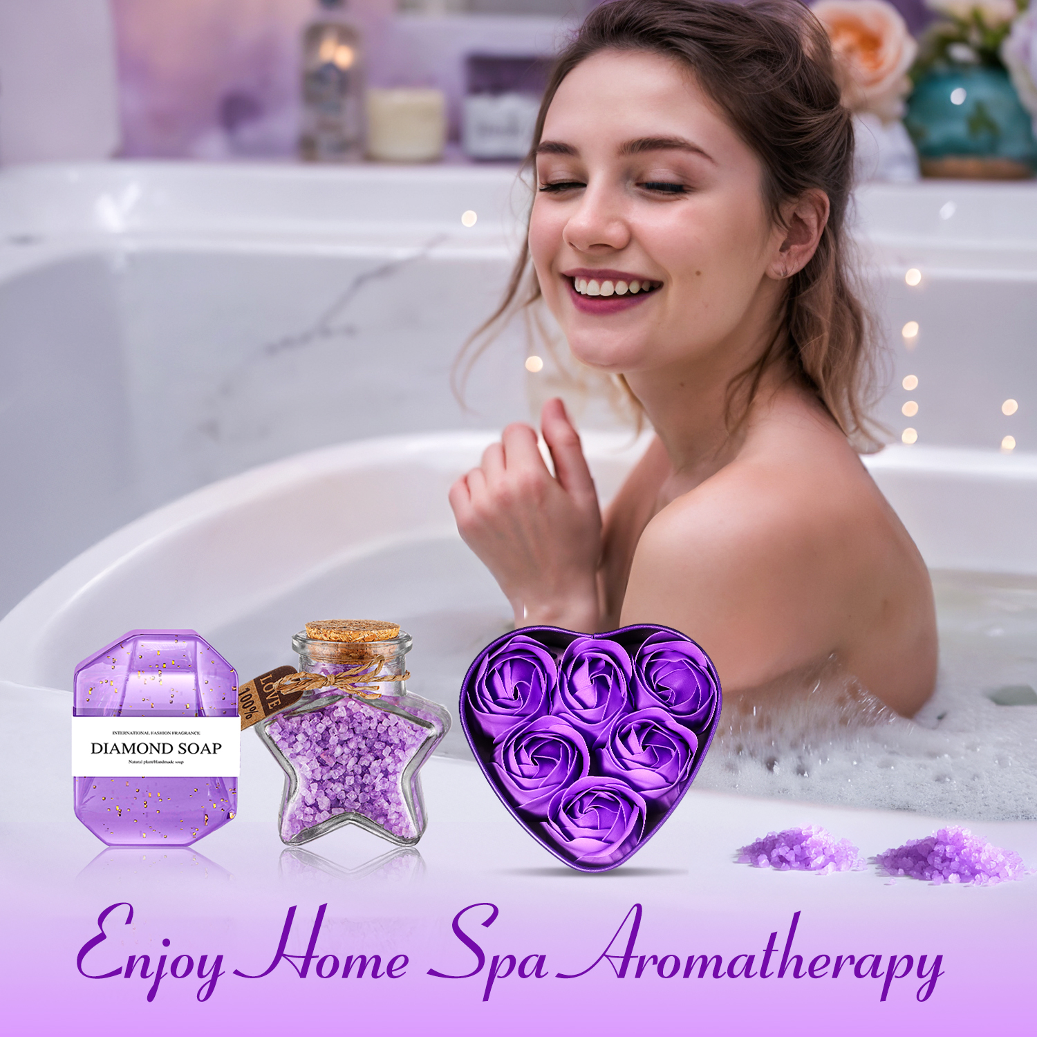 Aofmee Birthday Gift Baskets for Women, 7 Pcs Lavender Self Care Spa Gift Sets, Beauty Body Care Kits for Birthday Valentine's Day Gifts, Purple