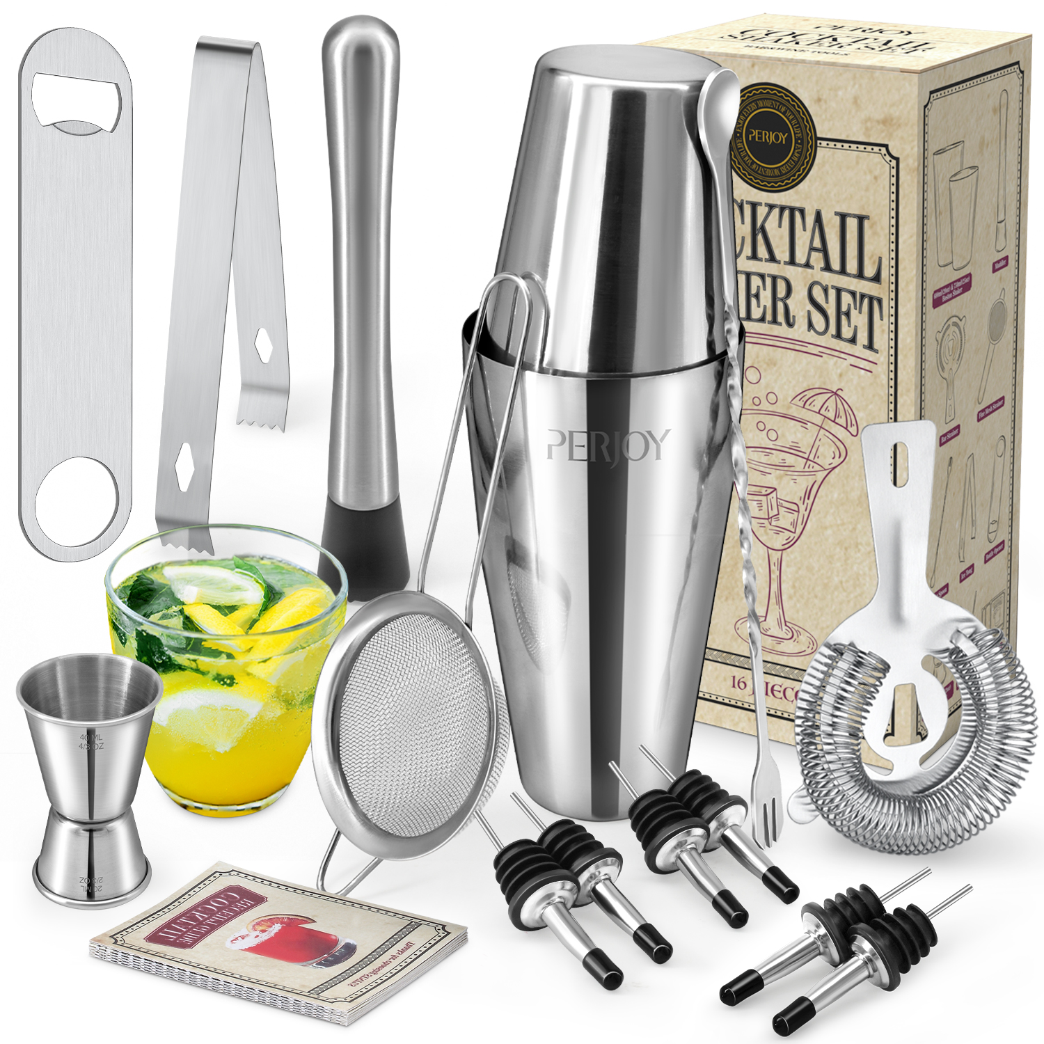 Bartender Kit - 16 Pieces Stainless Cocktail Shaker Set, Full Bartender Bar Tools for Home Bars Party