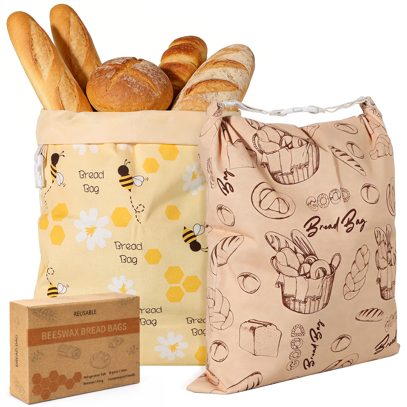 2 Pack Beeswax Bread Bags for Sourdough Homemade Bread, Reusable & Large Capacity Portable Bread Storage Bag for Gift Giving
