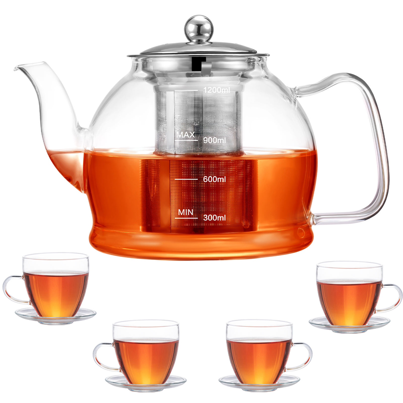 1200ml Glass Teapot Set, with Removable Stainless Steel Infuser and 4 Glass Tea Cups, Stovetop Safe Teapot Gift Set, Blooming and Loose Leaf Teapot