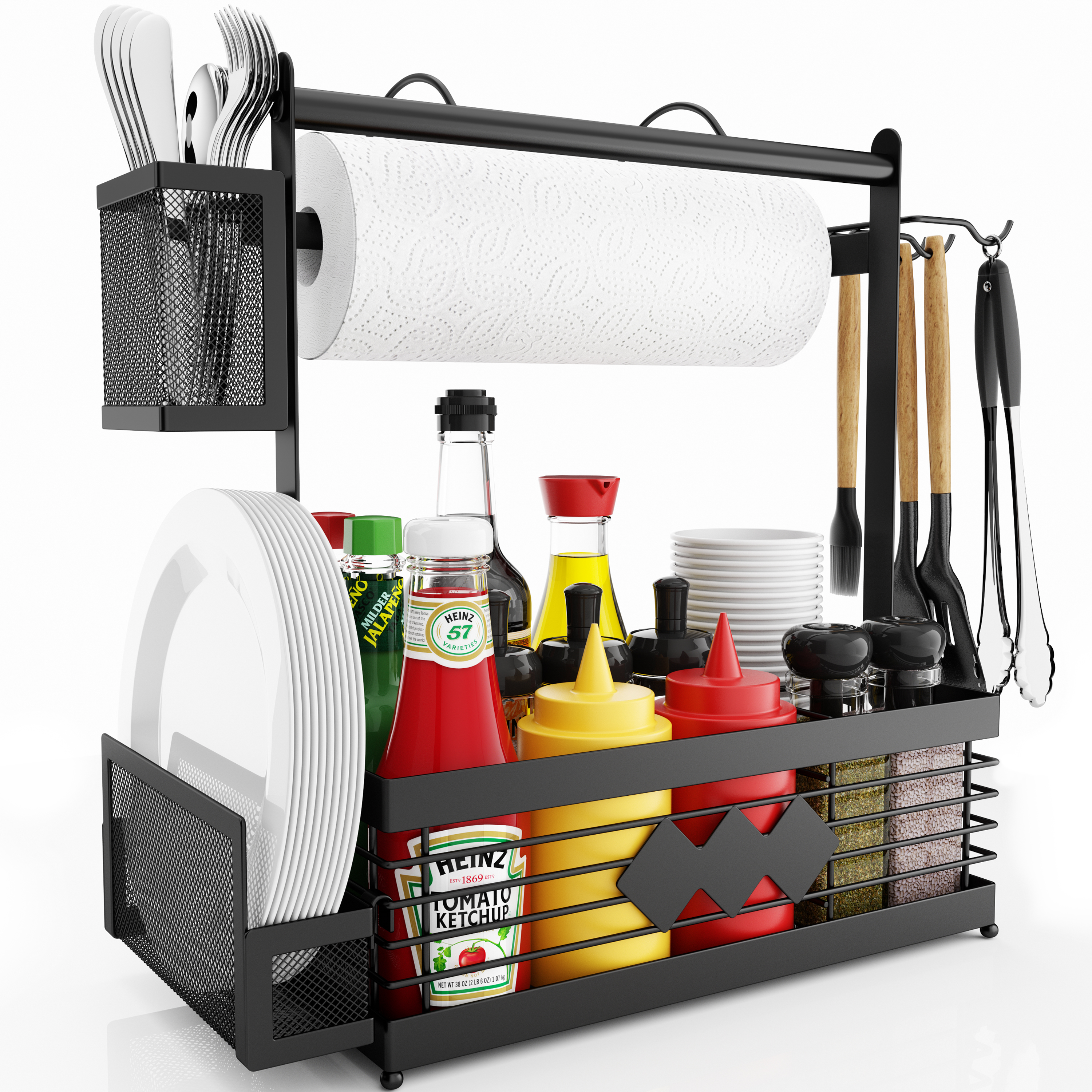 Aofmee Grill Caddy, BBQ Caddy with Camping Paper Towel Holder and Plate Holder | Family Outdoor Picnic, Camping, Easy Assembly Black