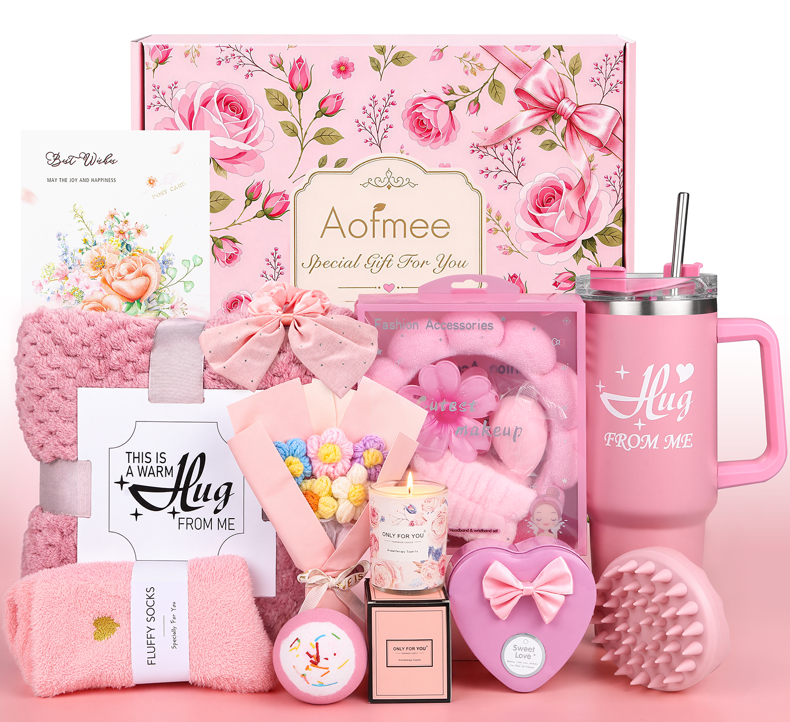 Aofmee 15Pcs Birthday Gifts for Women, Relaxing Spa Baskets with Luxury Flannel Blanket and 40 oz Tumbler - Christmas, Valentine's Day, Women's Gift for Her, Pink