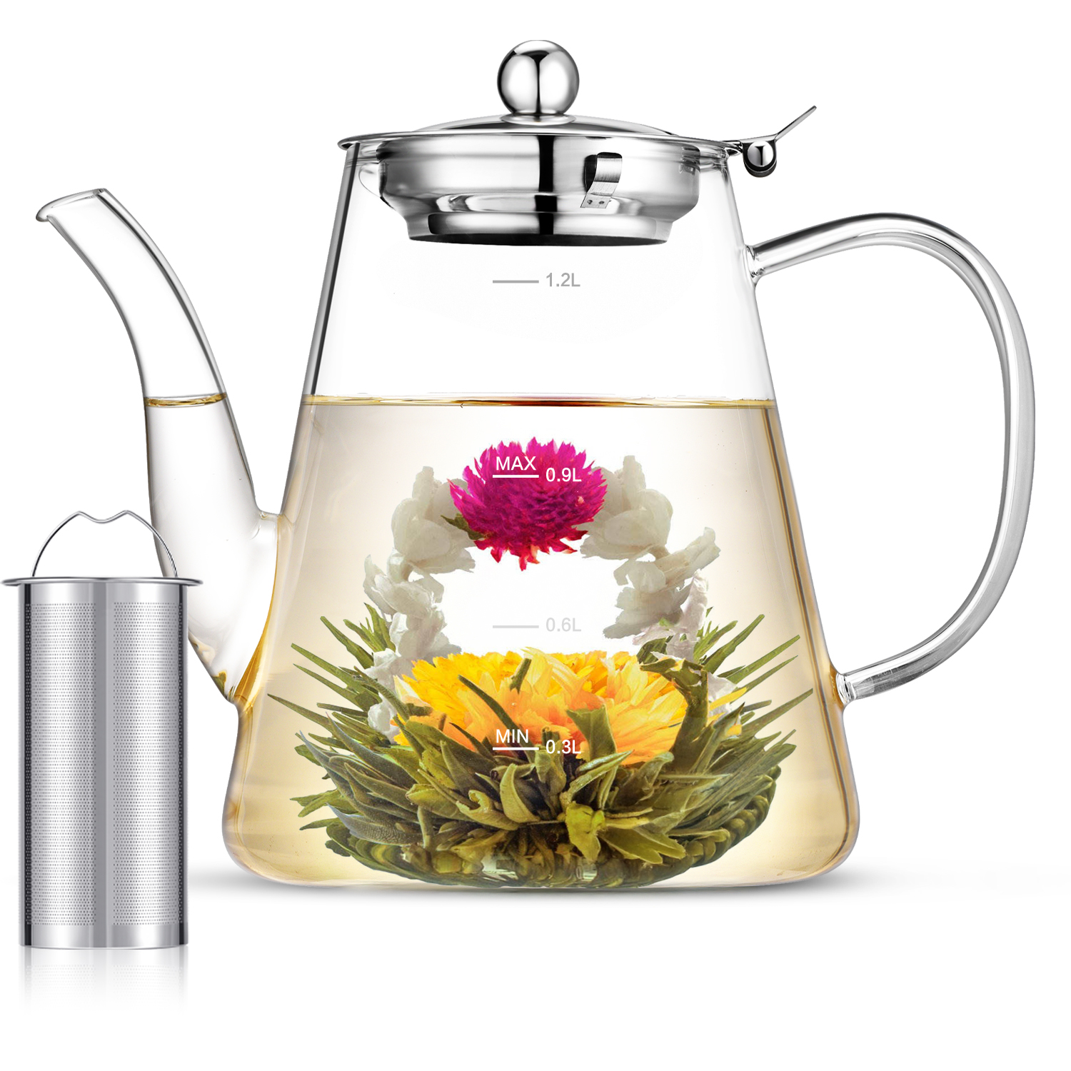 1200ml Glass Teapot, 40oz Stovetop Safe Gift Box for Tea Maker with Removable Infuser and Scale Line for Loose Tea and Blooming Tea