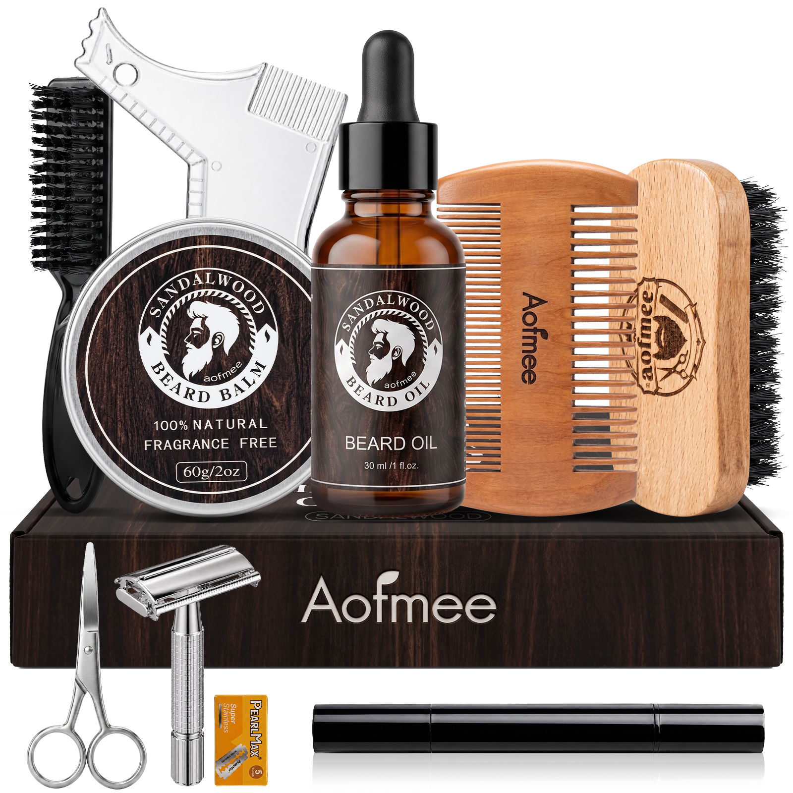 Aofmee Beard Care Gift Set for Men – 10Pack Grooming Kit with Beard Oil, Balm - Sandalwood Scent