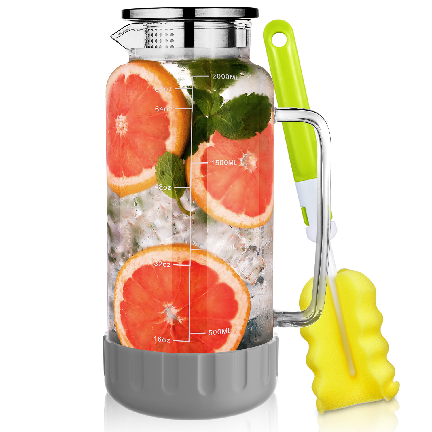 Aofmee Glass Pitchers with Lids, 68oz Glass Fridge Water Pitcher for Drinks, Glass Water Jug with coasters & Brush, Beverage Serveware & Storage Container for Lemonade, Iced Tea, Milk, Coffee