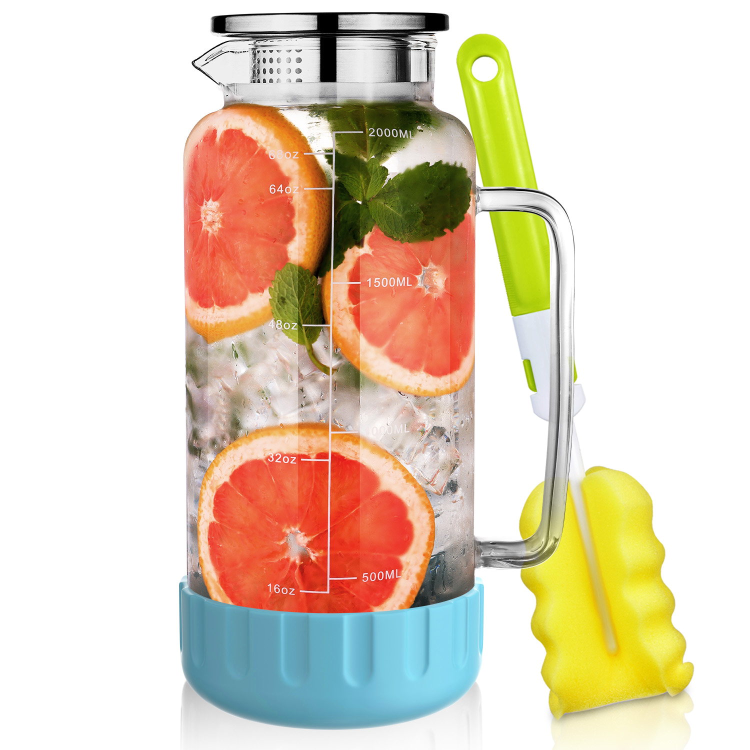 Glass Pitcher with Lid 68oz Water Pitcher with Silicone Base and Precise Scale Line Blue