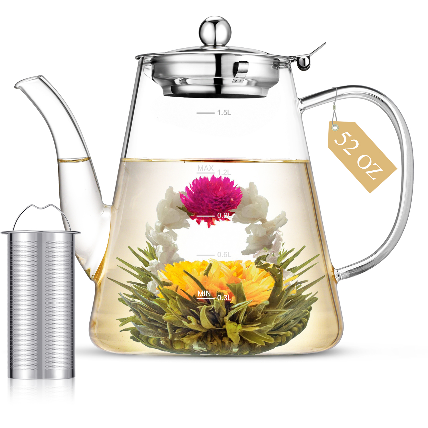 1500ml Glass Teapot, Stovetop Safe Gift Box for Tea Maker with Removable Infuser and Scale Line for Loose Tea and Blooming Tea