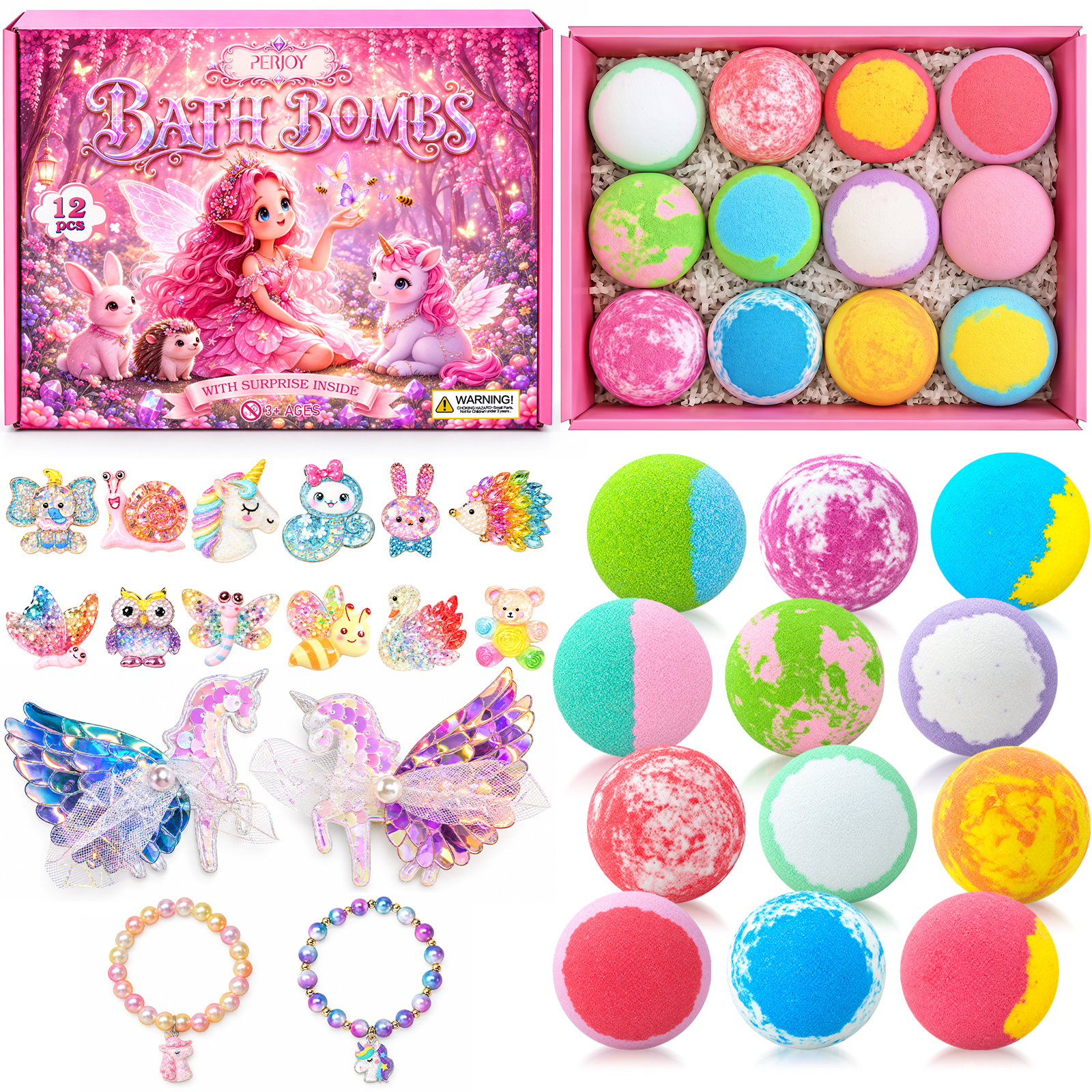 Aofmee Kids Bath Bombs, with Surprise Beauty Toys Gift Inside, Natural Organic Kids Bubble Bath Fizzy, Christmas Birthday Gift Set for Girls, 12 Pcs