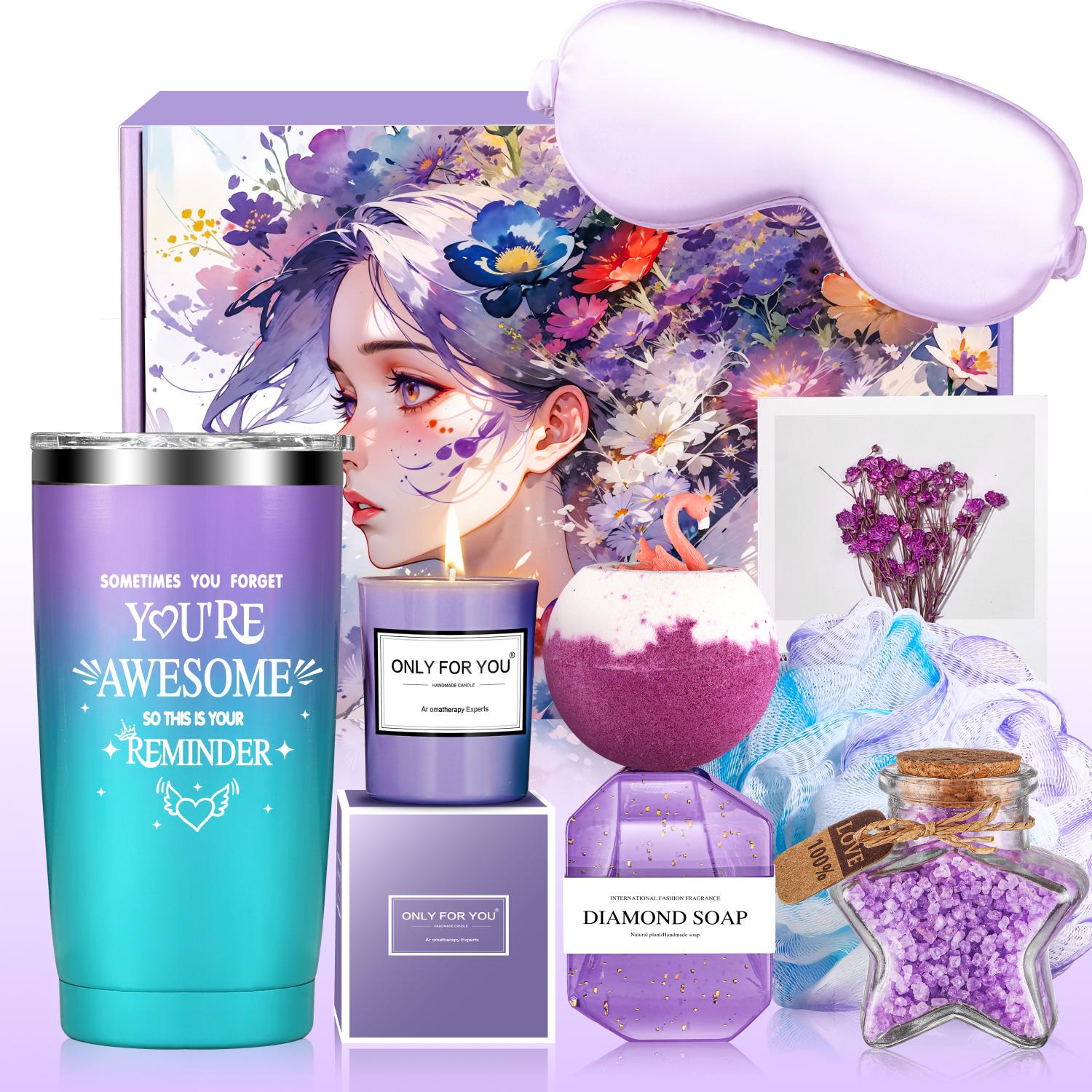 Gift Baskets for Women, 8 Pcs Lavender Spa Bath and Body Sets, Beauty Birthday Mother's Day Gifts for Her, Purple