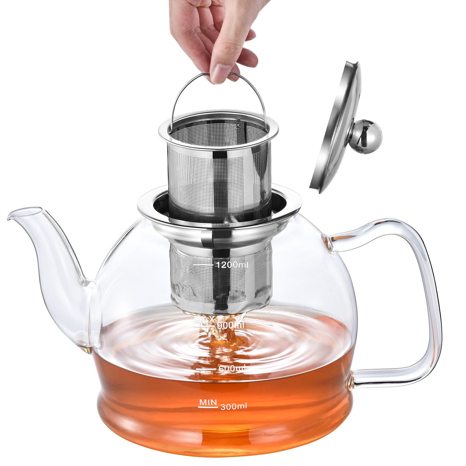 40oz/1200ml Glass Teapot, with Removable Stainless Steel Filter, Blooming Loose Leaf Tea Kettle