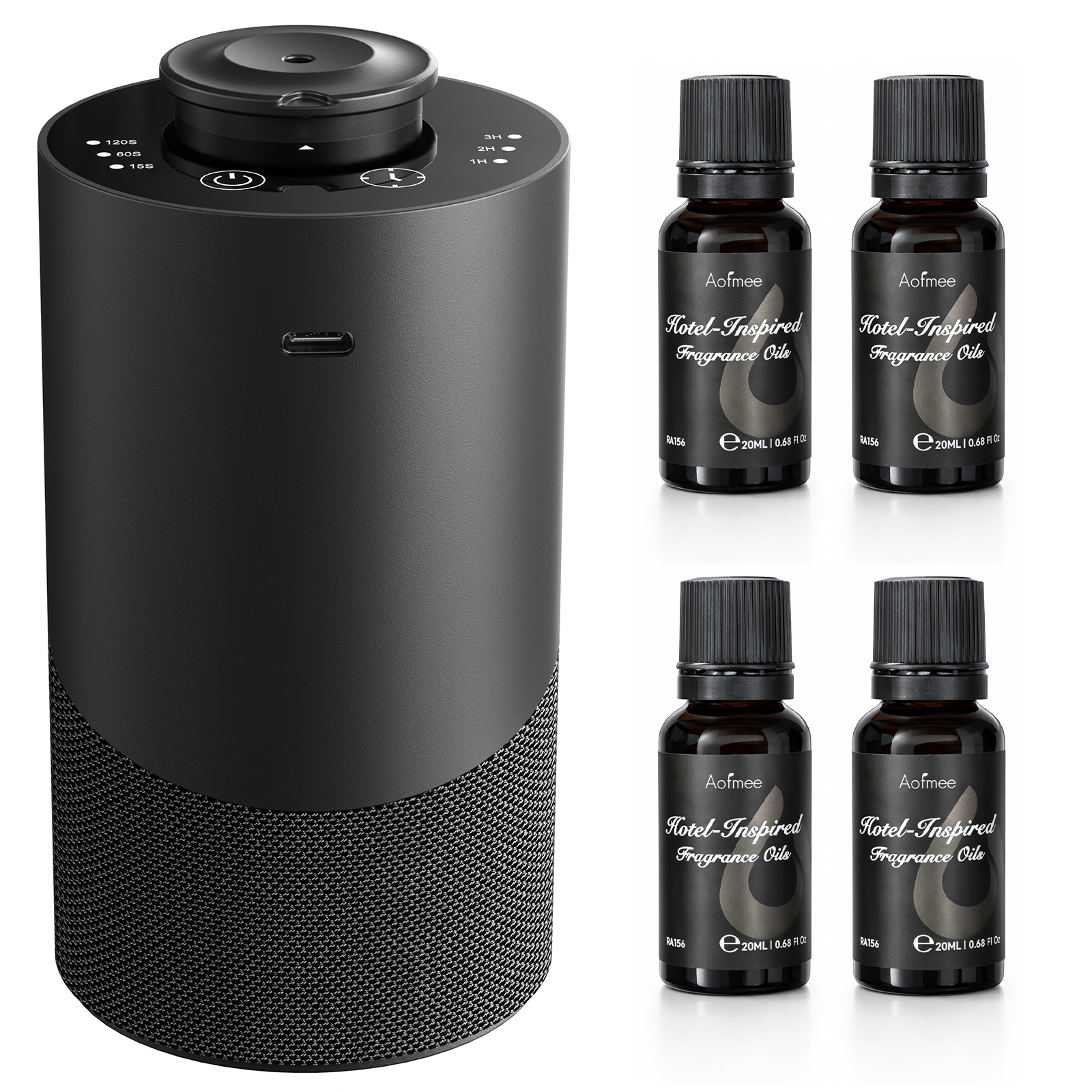 Aofmee Waterless Essential Oil Diffuser with 4x20mL Hotel Fragrance Oils 2000mAh Rechargeable Battery, 3 Timer & 3 Mist Levels, Cordless Portable for Home Car Office