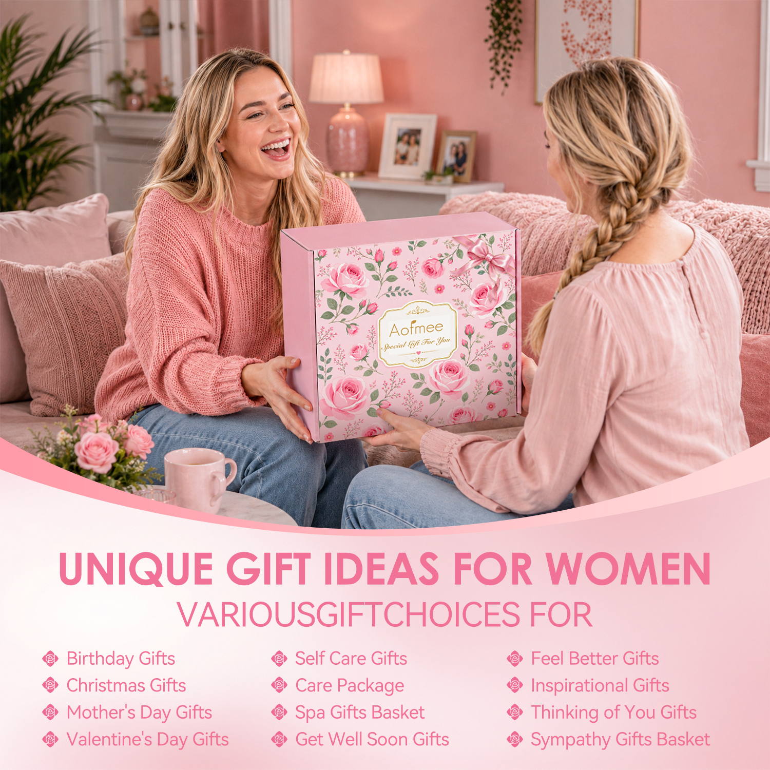 Aofmee 15Pcs Birthday Gifts for Women, Relaxing Spa Baskets with Luxury Flannel Blanket and 40 oz Tumbler - Christmas, Valentine's Day, Women's Gift for Her, Pink