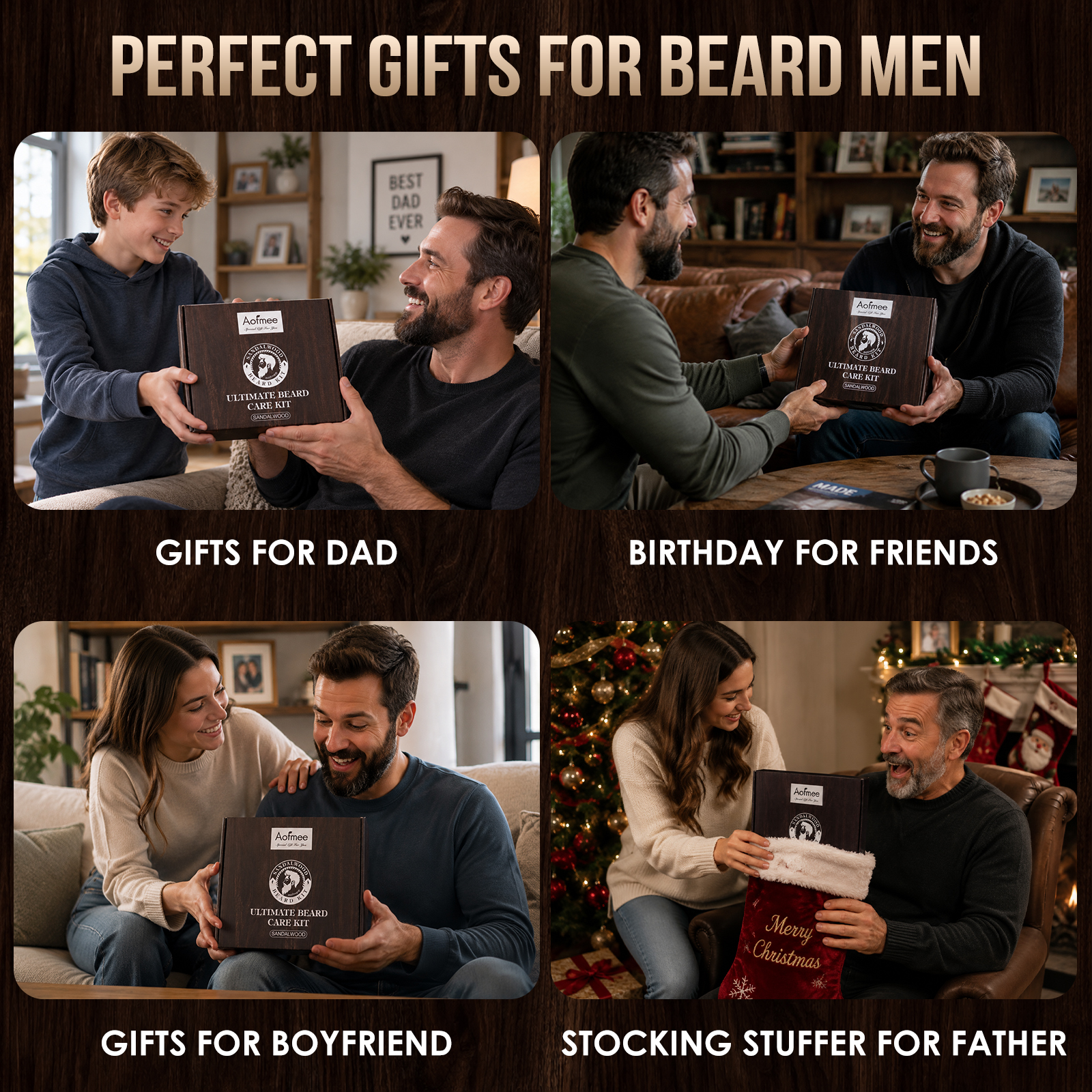Aofmee Beard Care Gift Set for Men – 10Pack Grooming Kit with Beard Oil, Balm - Sandalwood Scent