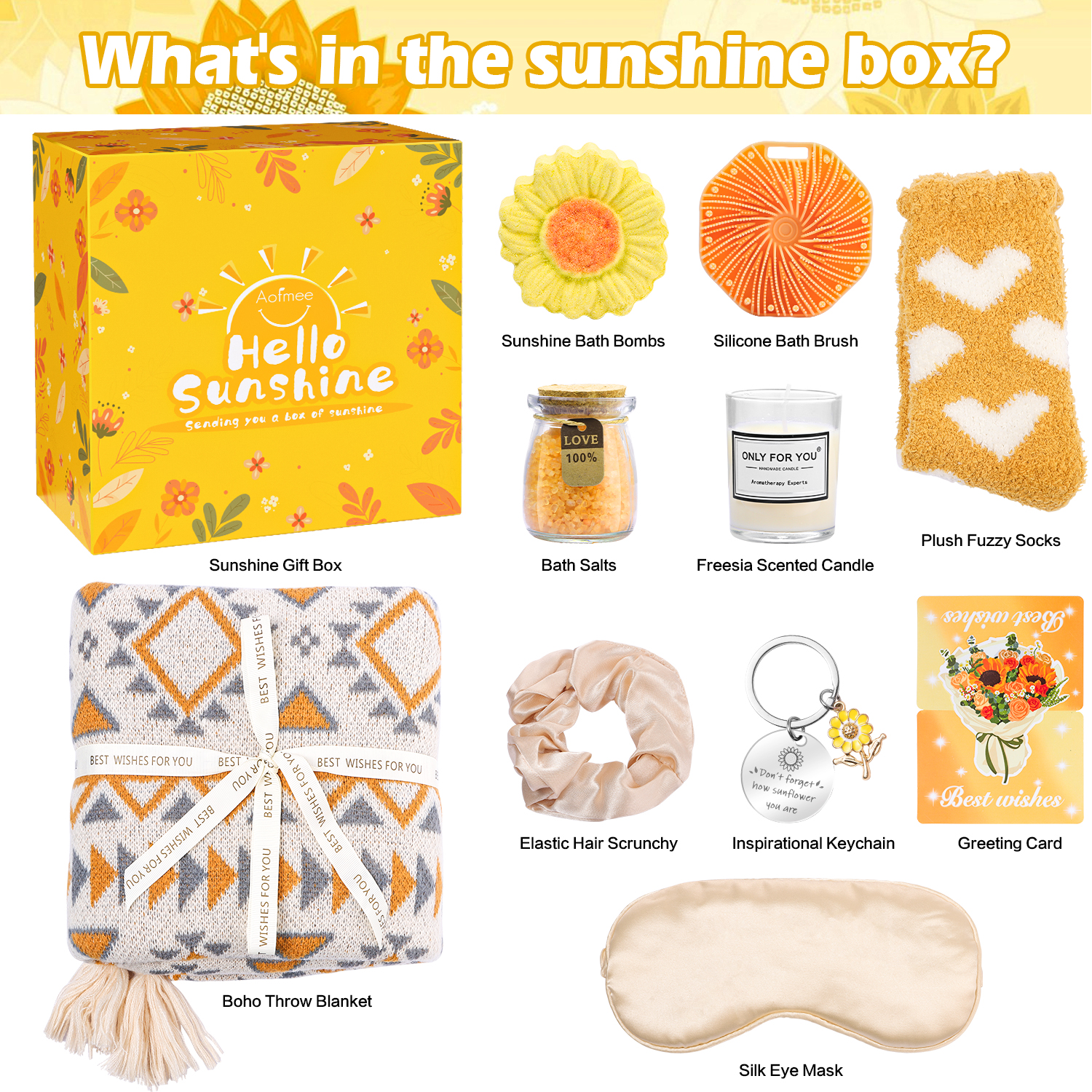 Aofmee Birthday Gift Baskets for Women, 10 Pcs Sunshine Self Care Spa Gift Sets, Beauty Body Care Kits for Birthday Valentine's Day Gifts