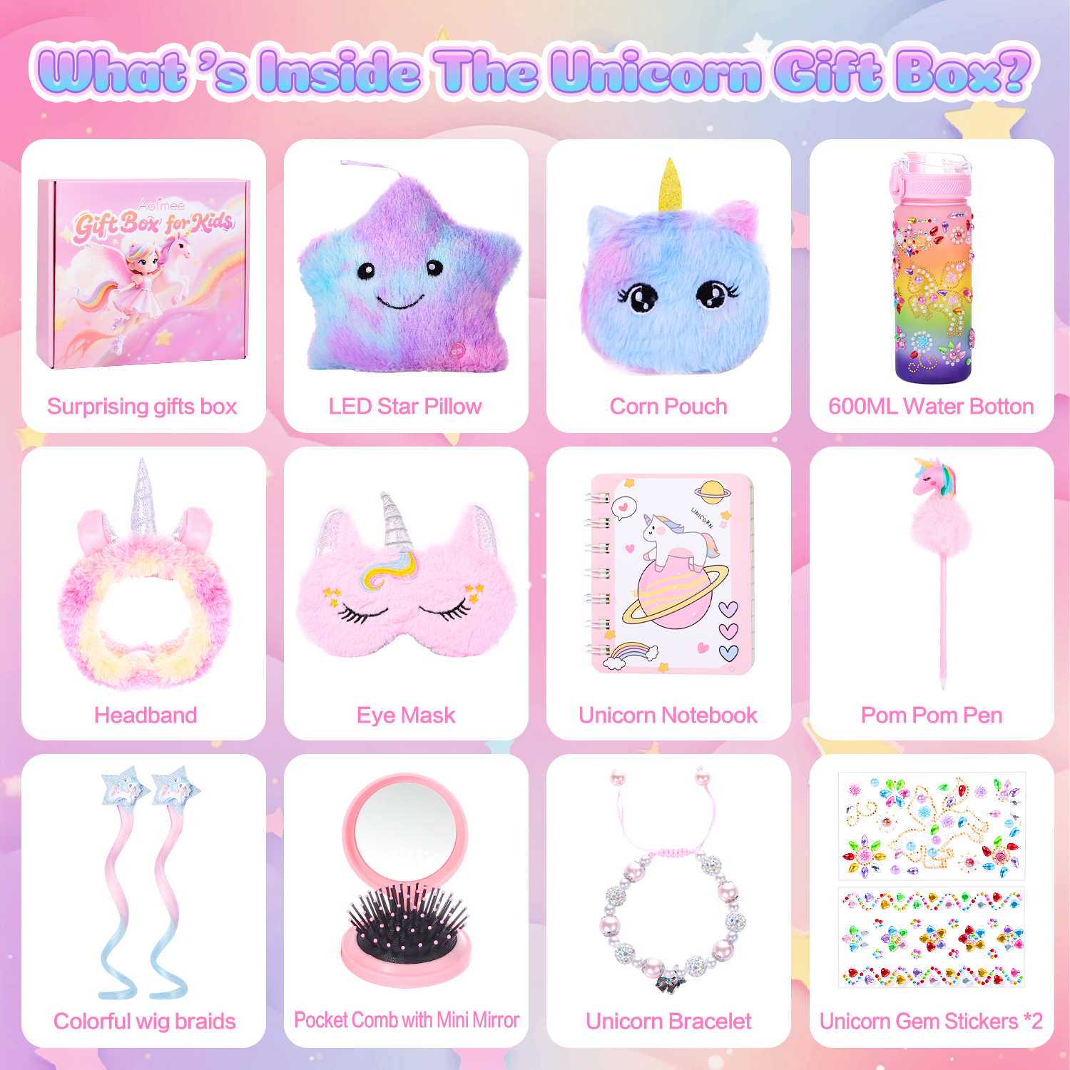 Aofmee Unicorn Gift Baskets for Girls, 12 Pcs Pink Purple Spa Bath and Body Sets with Educational Gift, Beauty Birthday Christmas for Her Daughter