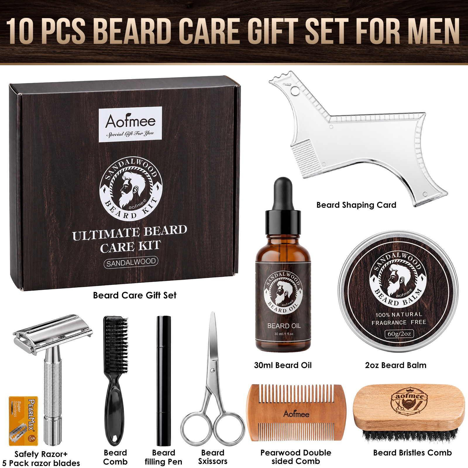 Aofmee Beard Care Gift Set for Men – 10Pack Grooming Kit with Beard Oil, Balm - Sandalwood Scent