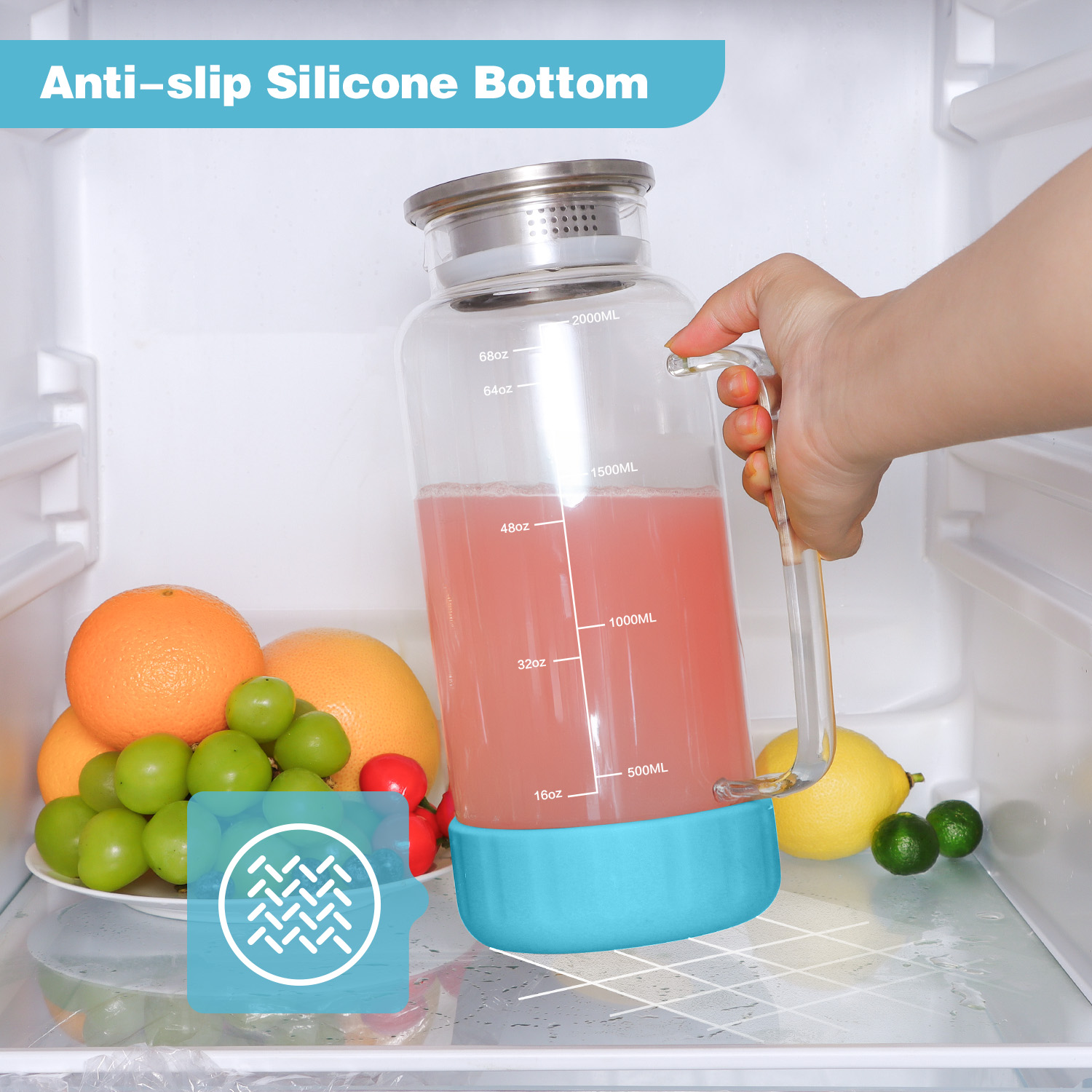 Glass Pitcher with Lid 68oz Water Pitcher with Silicone Base and Precise Scale Line Blue