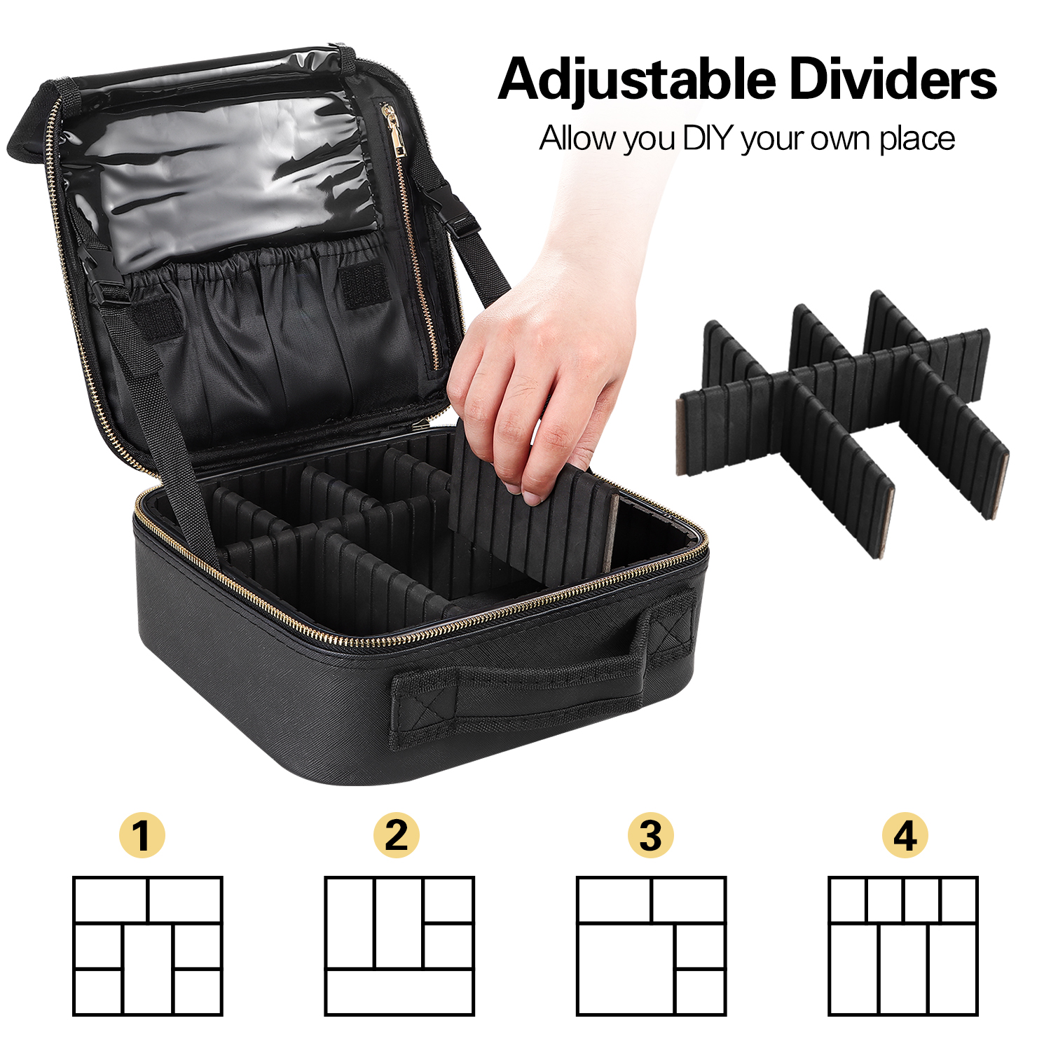 Aofmee Makeup Bag for Women, Travel Bag Organizer Cosmetic Case with Adjustable Dividers Waterproof Shockproof Handbag, Black