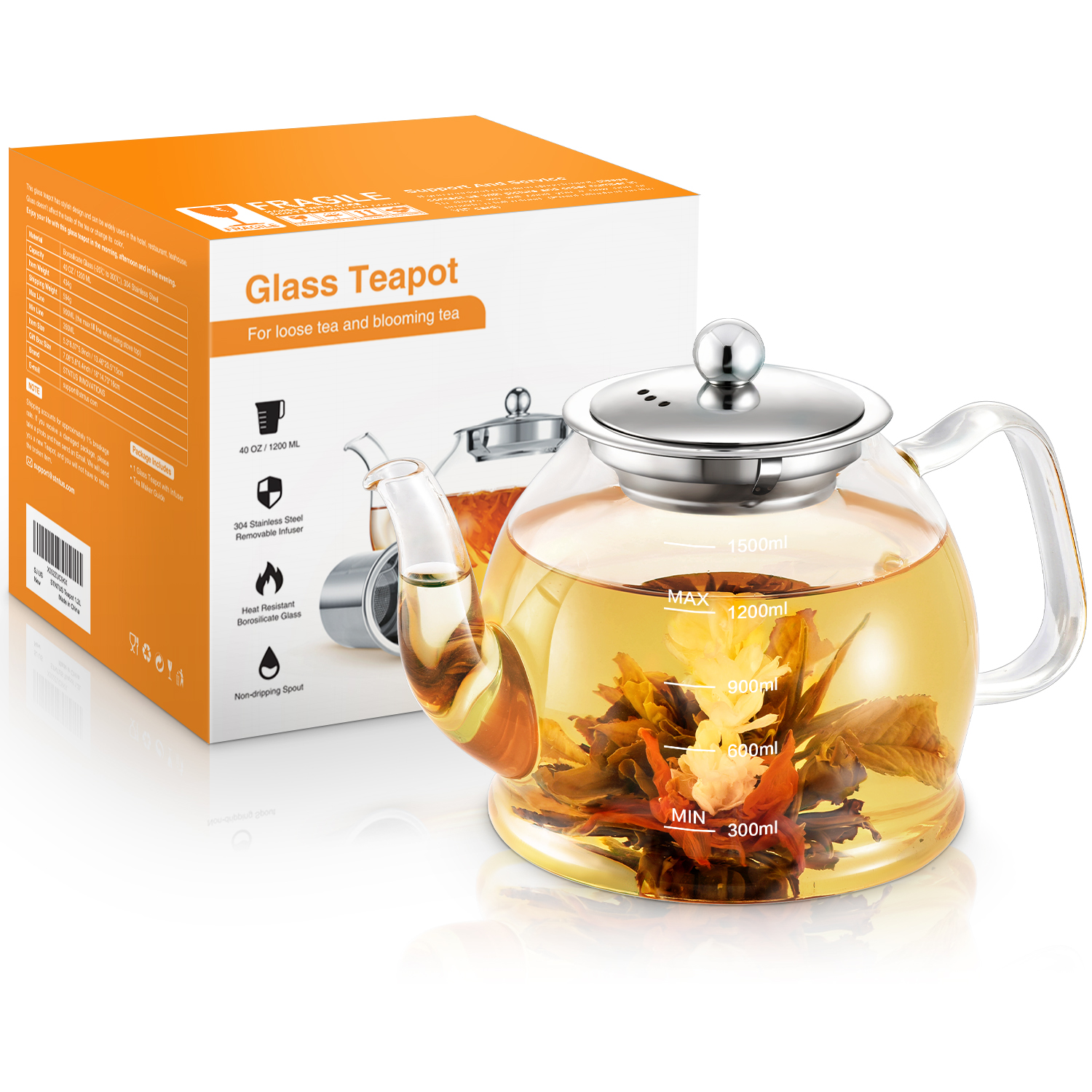52oz/1500ml Glass Teapot, with Removable Stainless Steel Filter, Blooming Loose Leaf Tea Kettle