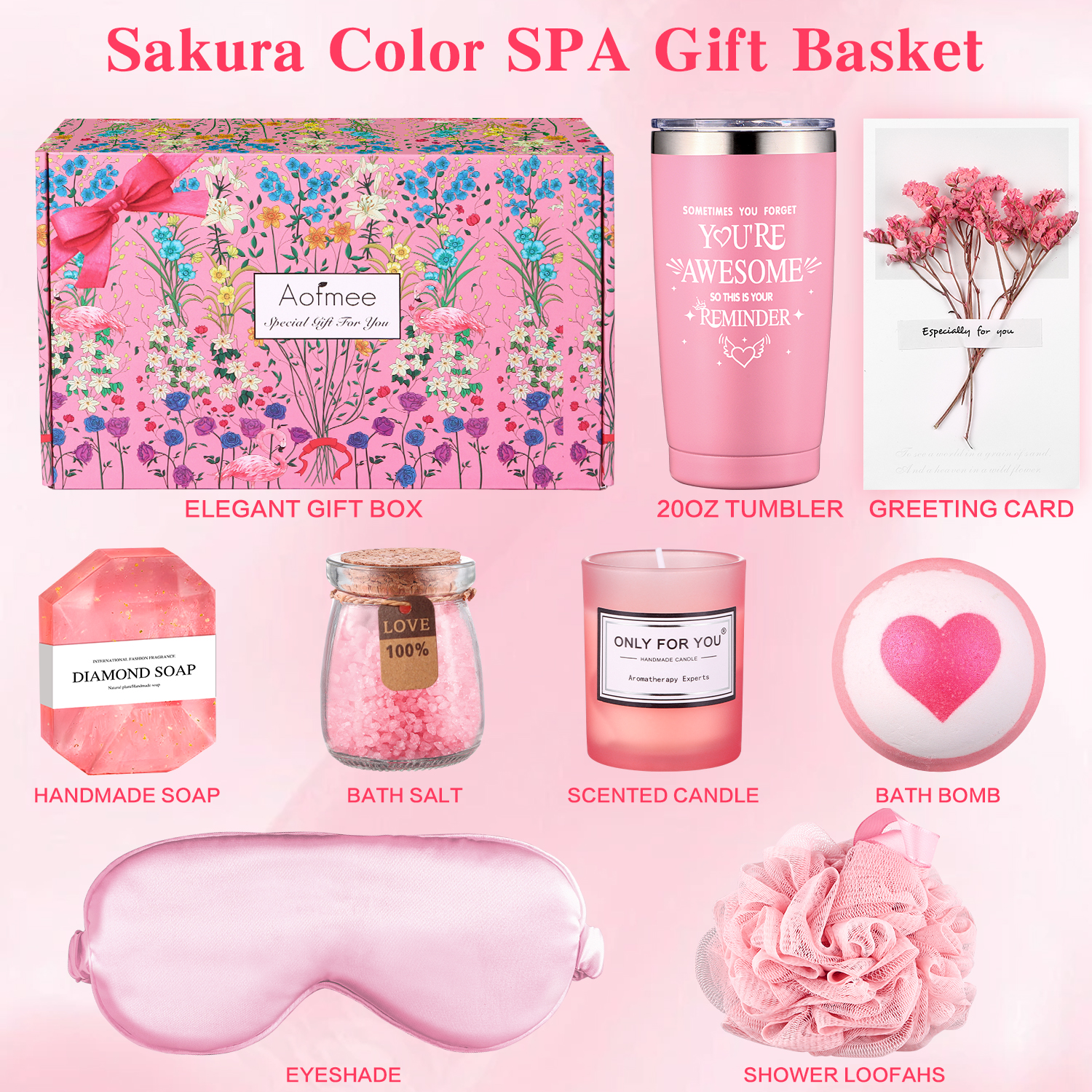 Aofmee Spa Gift Baskets for Women, 8 Pcs Rose Bath Gift Set, Beauty Body Birthday Christmas Gifts for Her, Self Care Get Well Retirement Appreciation Gifts, Pink