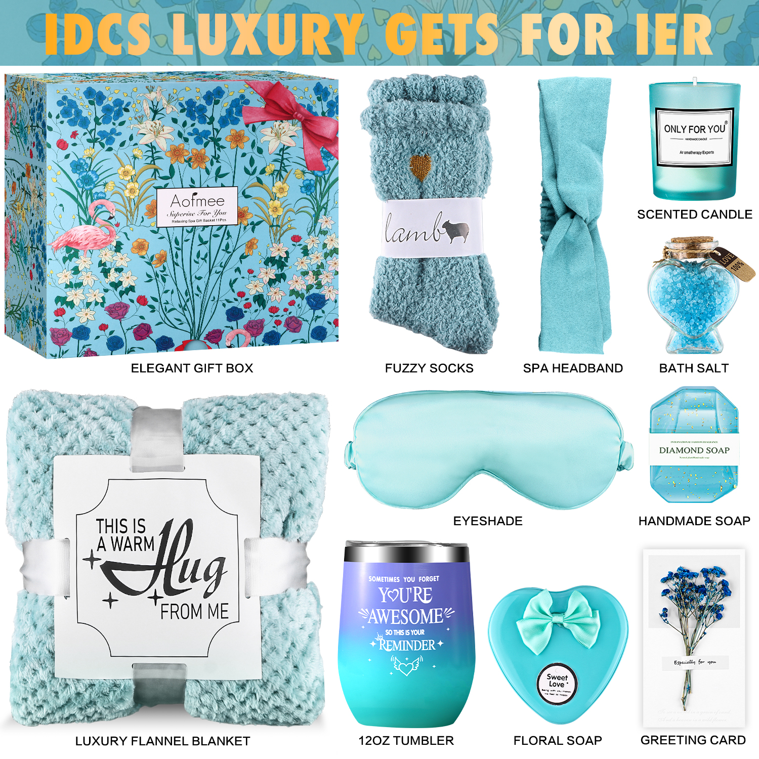 Aofmee Gift Baskets for Women, 10 Pcs Ocean Relaxing Spa Bath Gifts Sets with Flannel Blanket, Beauty Holiday Birthday Gifts Idea for Her, Blue