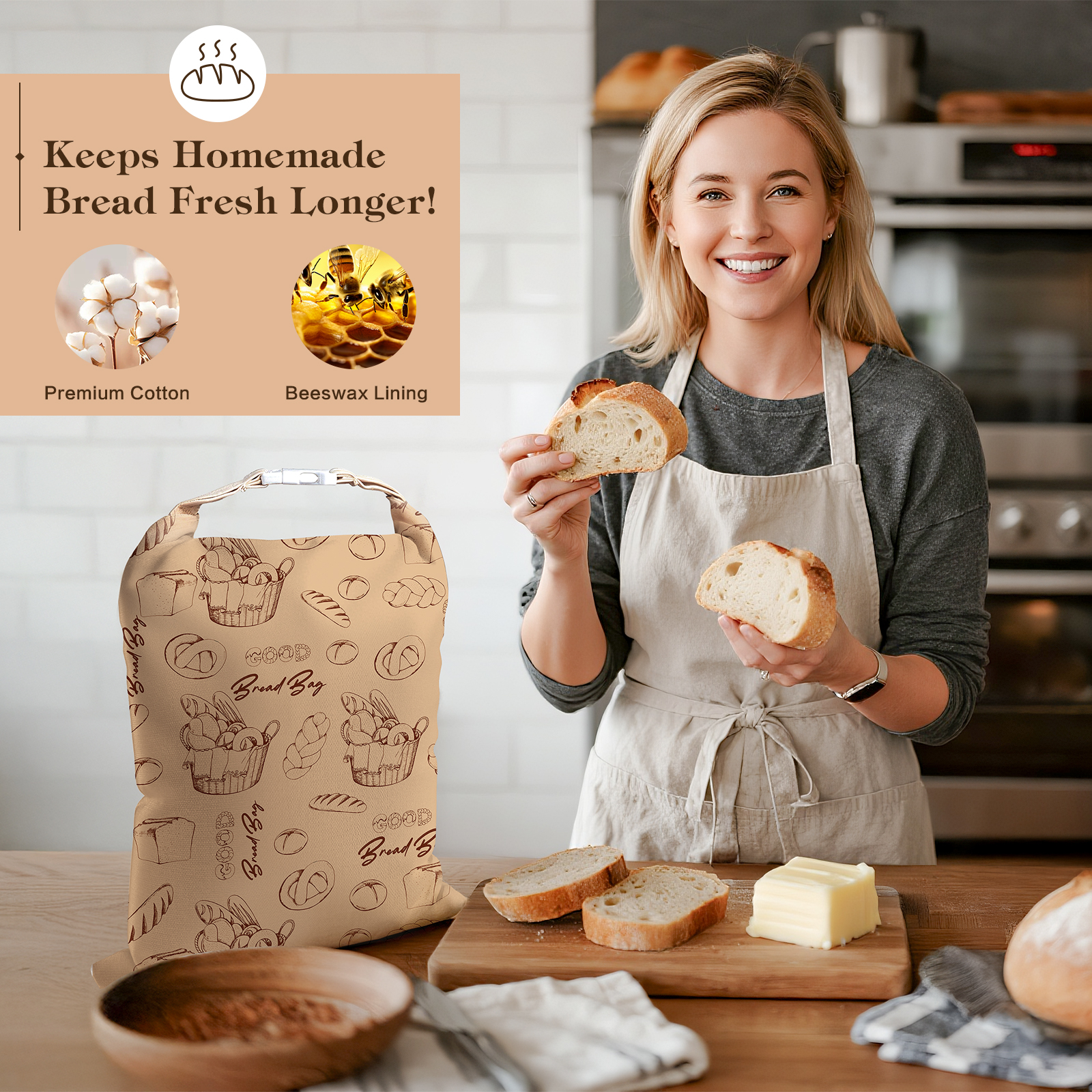 2 Pack Beeswax Bread Bags for Sourdough Homemade Bread, Reusable & Large Capacity Portable Bread Storage Bag for Gift Giving