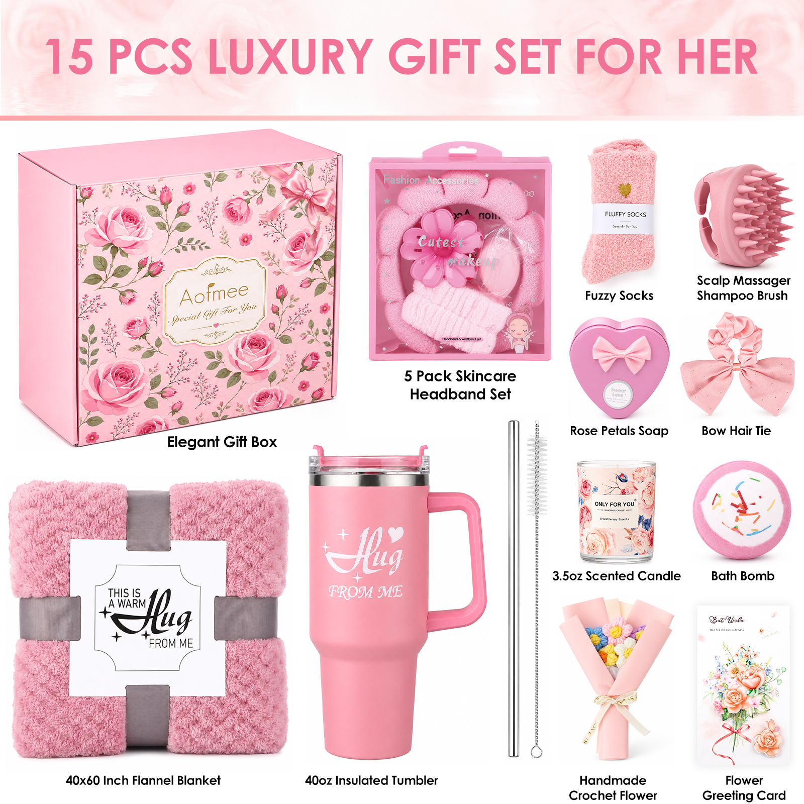 Aofmee 15Pcs Birthday Gifts for Women, Relaxing Spa Baskets with Luxury Flannel Blanket and 40 oz Tumbler - Christmas, Valentine's Day, Women's Gift for Her, Pink