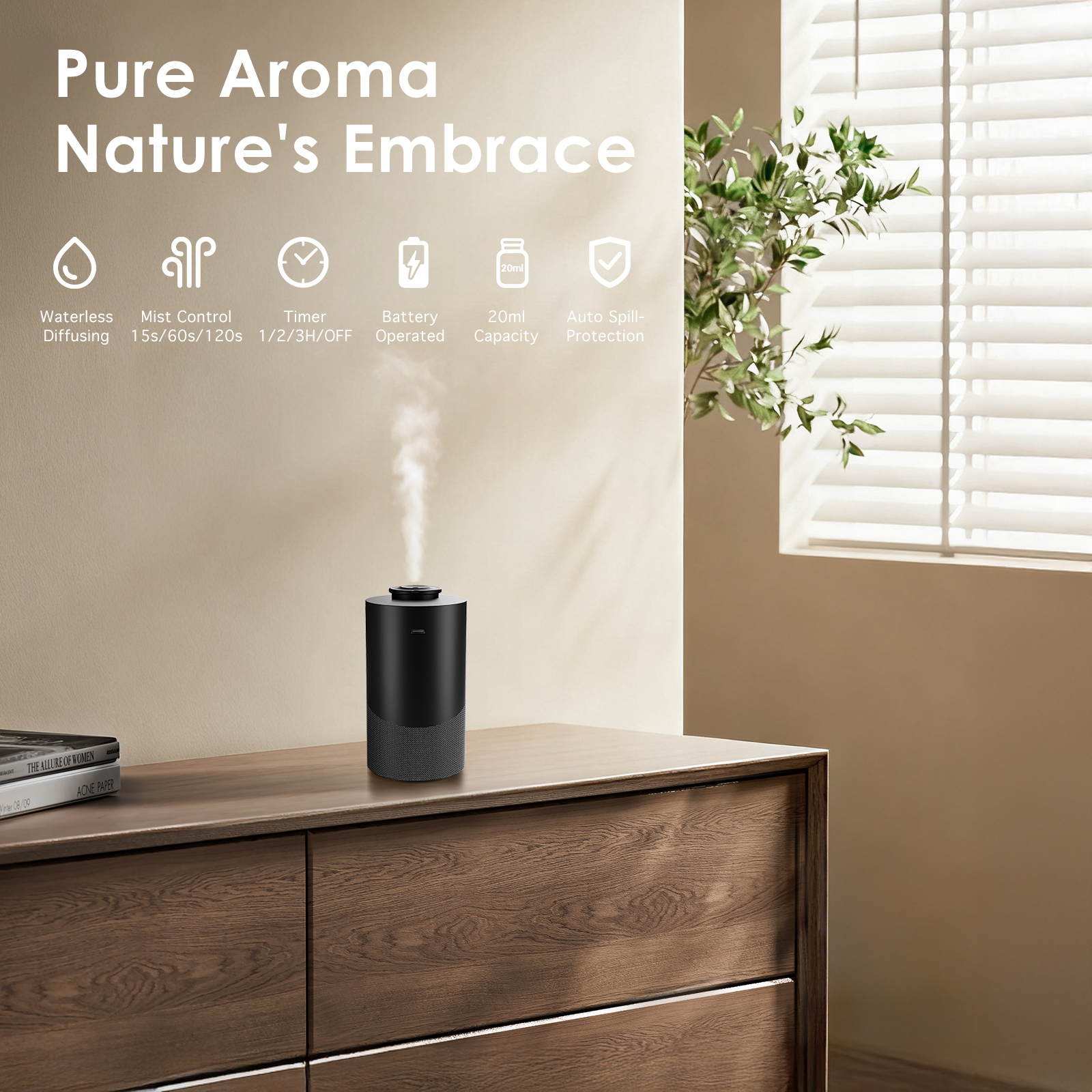 Aofmee Waterless Diffuser for Essential Oil, Car Diffsuer, 2000mAh Battery Operated Scent Air Machine, with 3 Timer & 3 Mist Levels for Home, Car, Office - Black