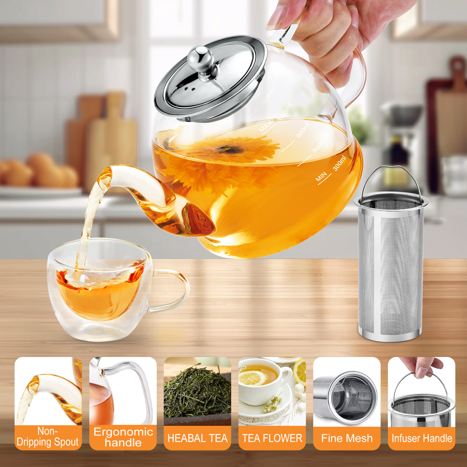 52oz/1500ml Glass Teapot, with Removable Stainless Steel Filter, Blooming Loose Leaf Tea Kettle