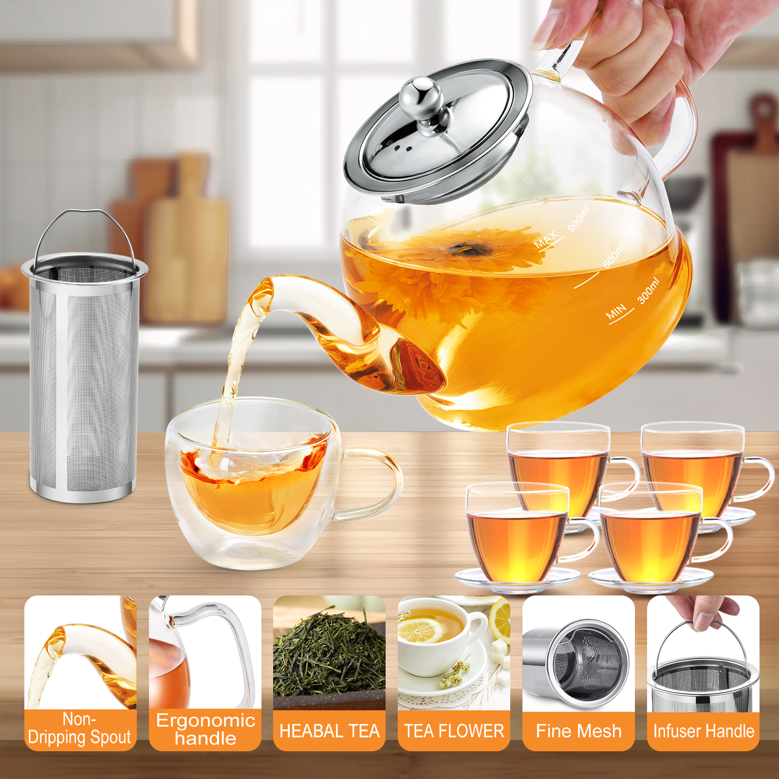 1200ml Glass Teapot Set, with Removable Stainless Steel Infuser and 4 Glass Tea Cups, Stovetop Safe Teapot Gift Set, Blooming and Loose Leaf Teapot