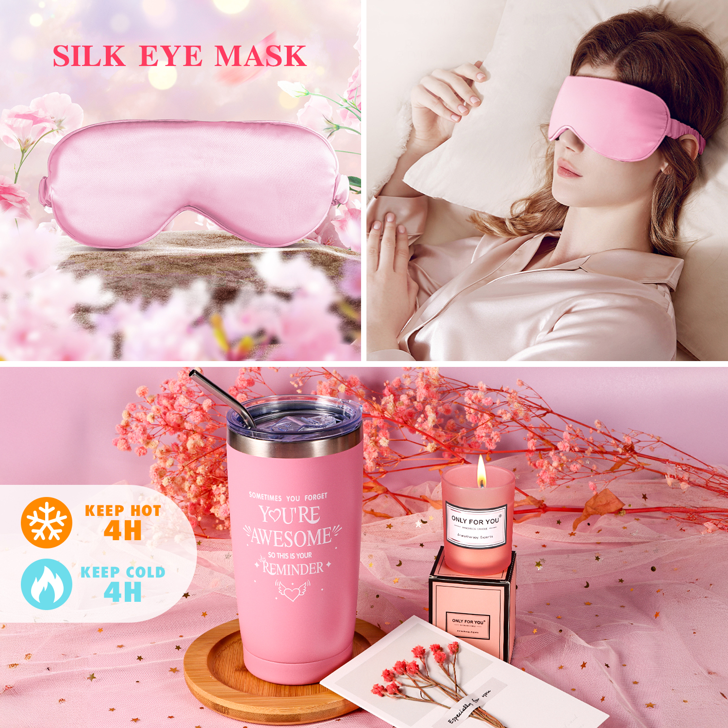 Aofmee Spa Gift Baskets for Women, 8 Pcs Rose Bath Gift Set, Beauty Body Birthday Christmas Gifts for Her, Self Care Get Well Retirement Appreciation Gifts, Pink