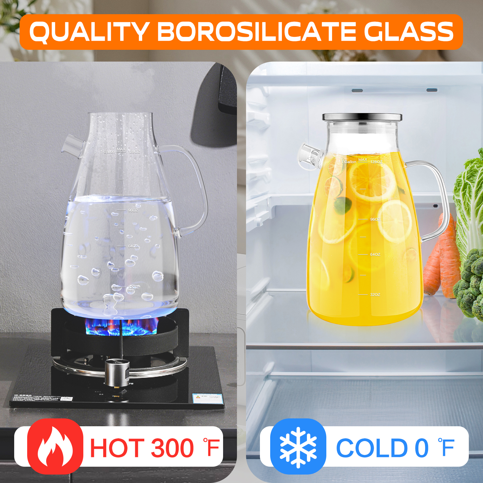 1 Gallon 128oz Glass Pitcher, Water Pitcher with Full Seal Lid and Spout, Glass Carafe for Hot/Cold Water, Large Jug for Juice and Homemade Beverage