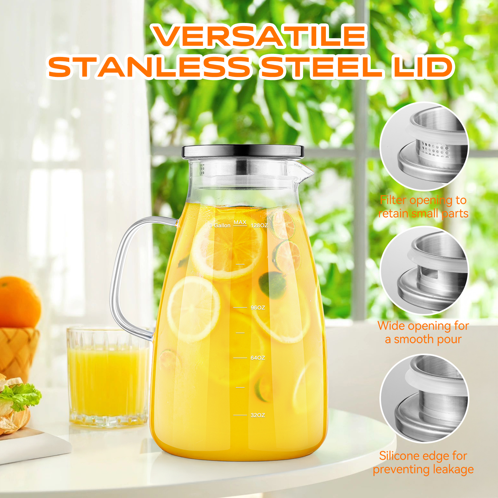 1 Gallon Glass Pitcher, 128oz Water Pitcher with Lid and Spout Extra Wide Mouth, Glass Carafe for Iced Tea Pitcher Coffee, Juice and Homemade Beverage