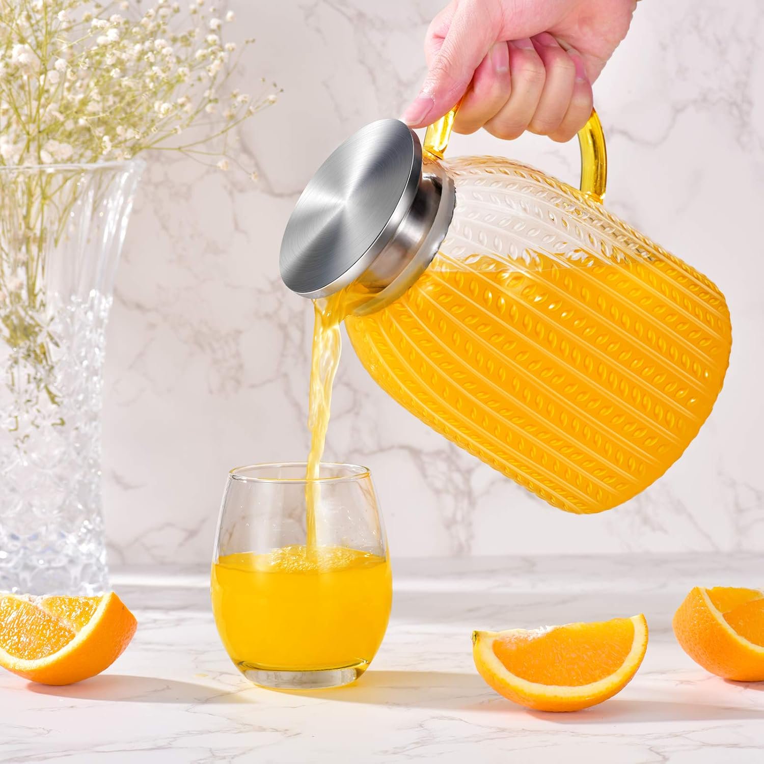 Aofmee Pitcher, 60oz Glass Pitcher, Water Pitcher with Lid, Iced Tea Pitcher for Fridge, Glass Carafe for Cold or Hot Beverages