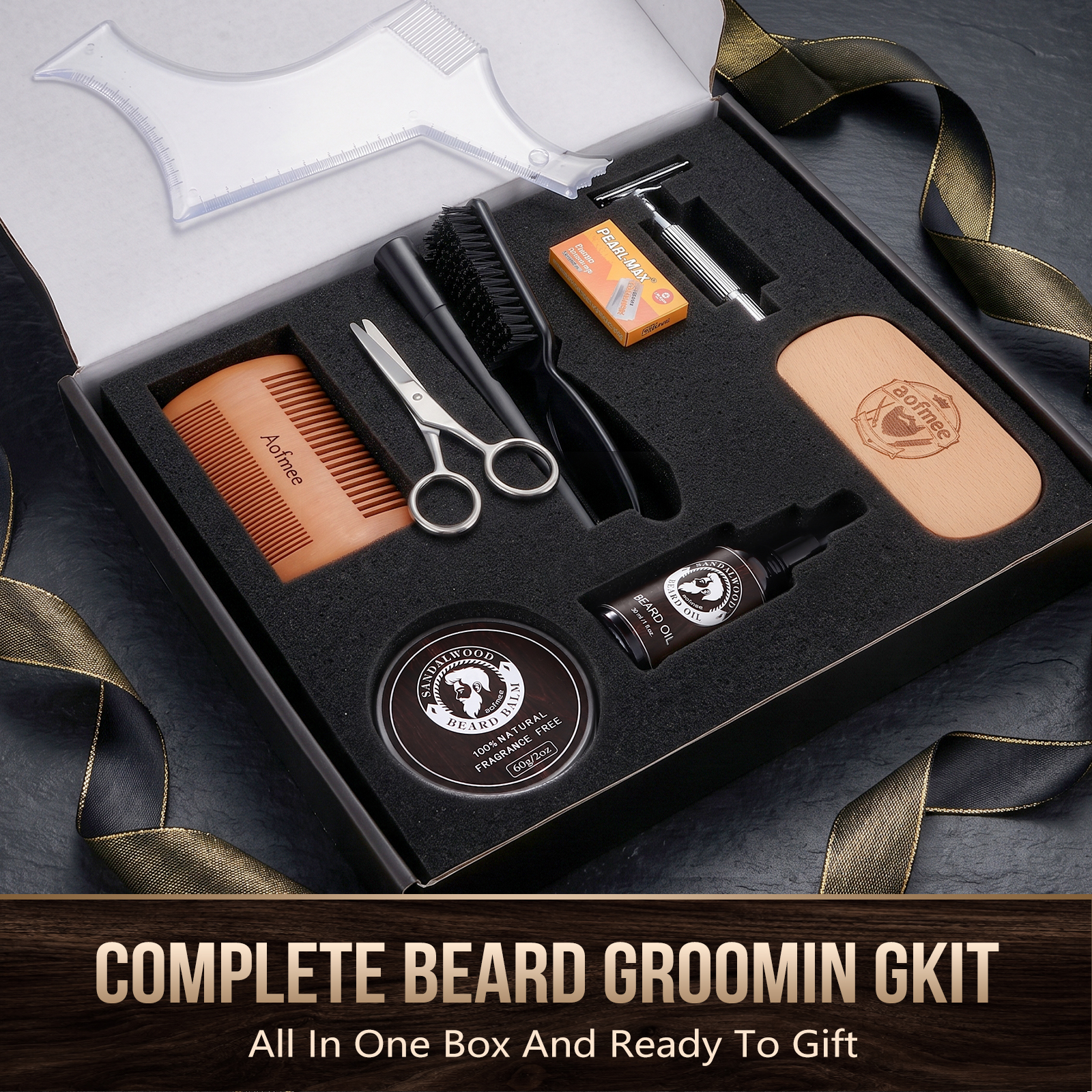 Aofmee Beard Care Gift Set for Men – 10Pack Grooming Kit with Beard Oil, Balm - Sandalwood Scent
