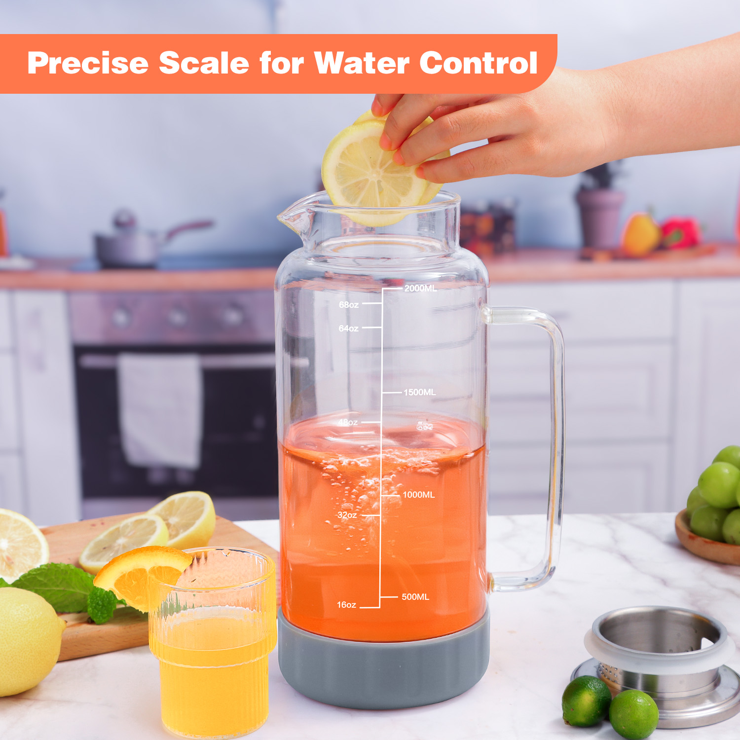 Aofmee Glass Pitchers with Lids, 68oz Glass Fridge Water Pitcher for Drinks, Glass Water Jug with coasters & Brush, Beverage Serveware & Storage Container for Lemonade, Iced Tea, Milk, Coffee