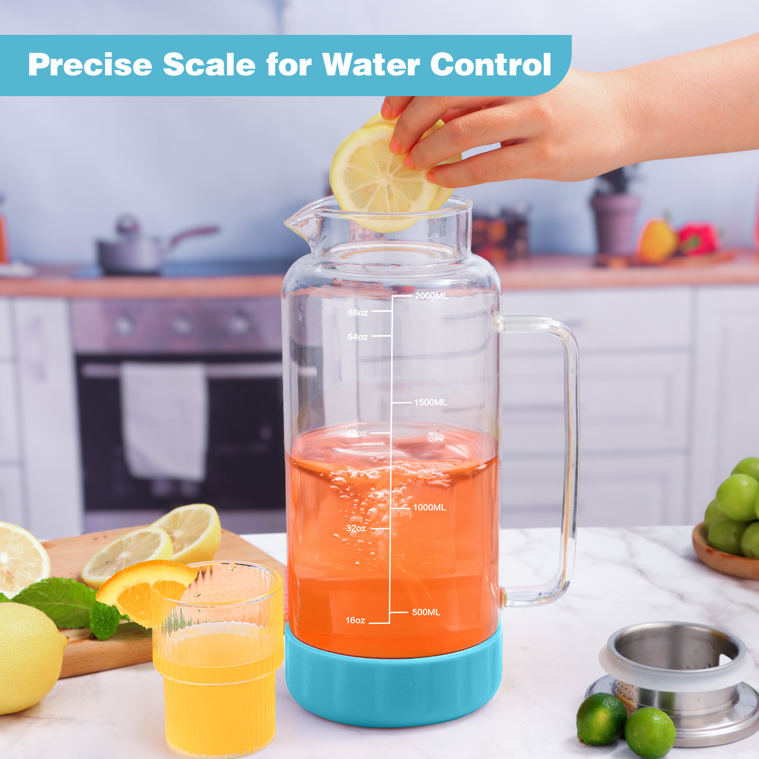 Glass Pitcher with Lid 68oz Water Pitcher with Silicone Base and Precise Scale Line Blue