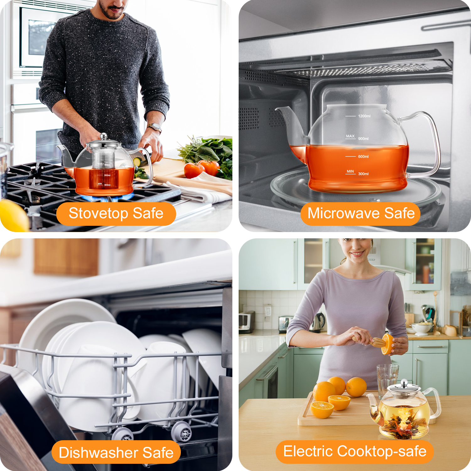 40oz/1200ml Glass Teapot, with Removable Stainless Steel Filter, Blooming Loose Leaf Tea Kettle