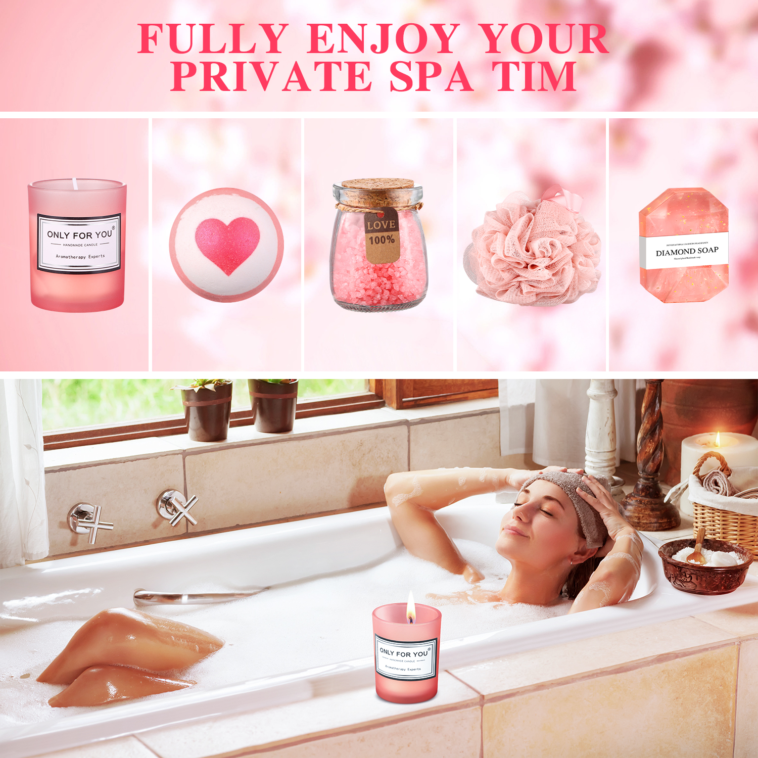 Aofmee Spa Gift Baskets for Women, 8 Pcs Rose Bath Gift Set, Beauty Body Birthday Christmas Gifts for Her, Self Care Get Well Retirement Appreciation Gifts, Pink